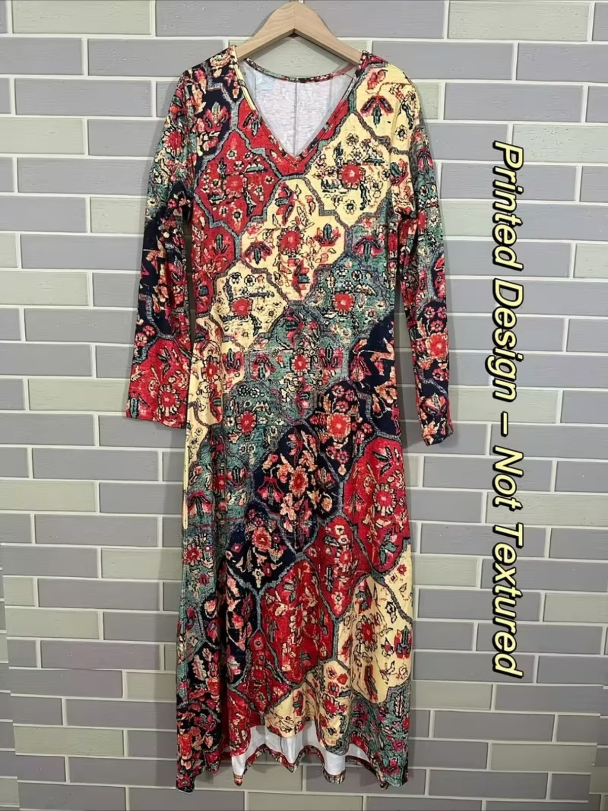 Vintage Ethnic Floral Digital Print Long Sleeve Dress