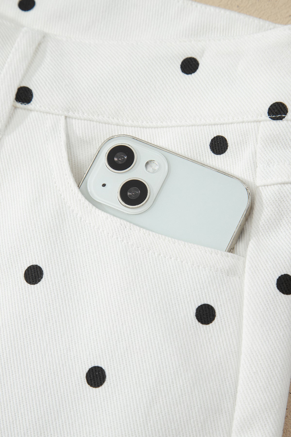 White Polka Dot Print Embroidered Scallop Hem Shorts