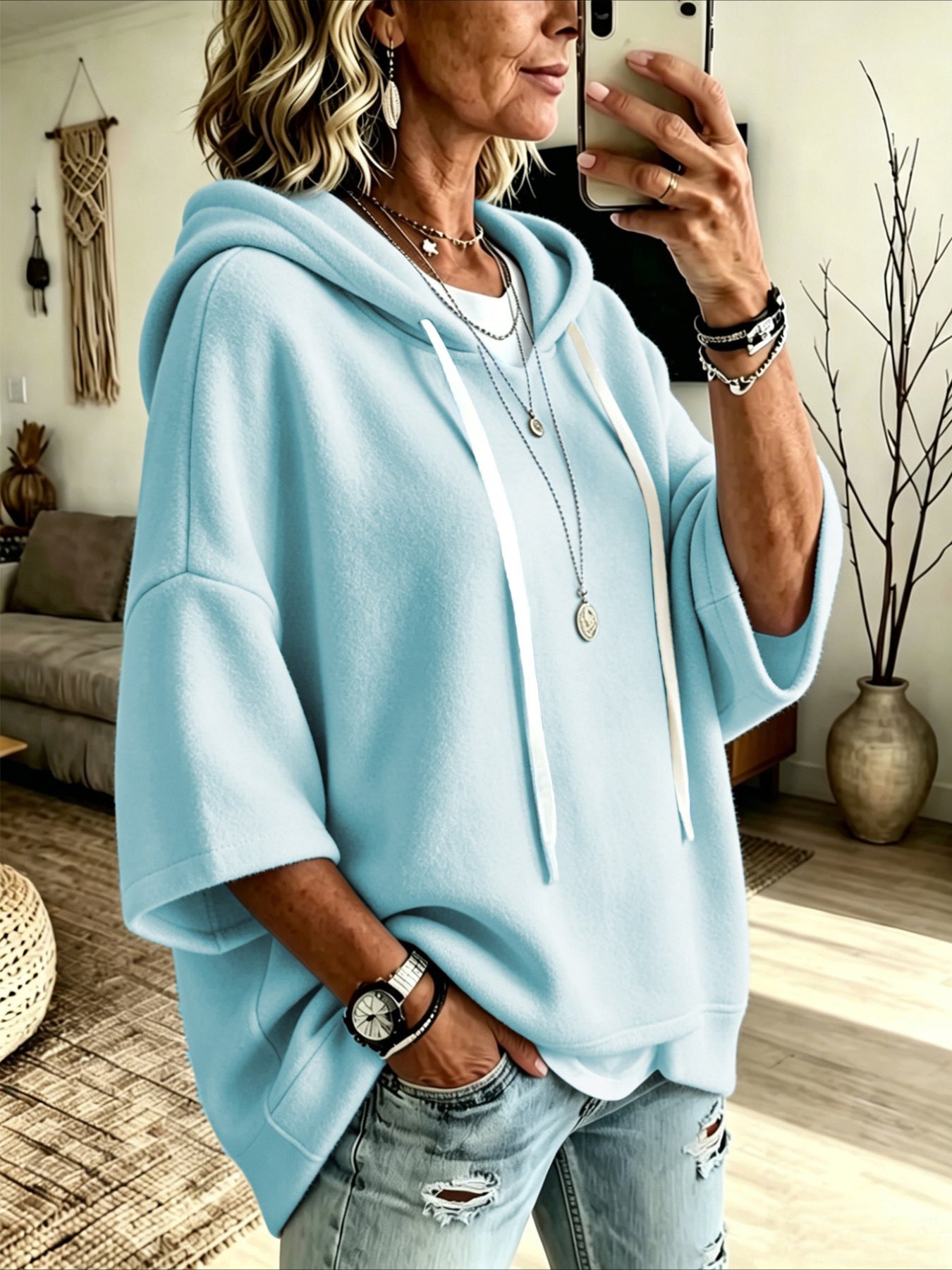 Loose 3/4 Sleeve Hooded Drawstring Bat-sleeved Sweatshirt