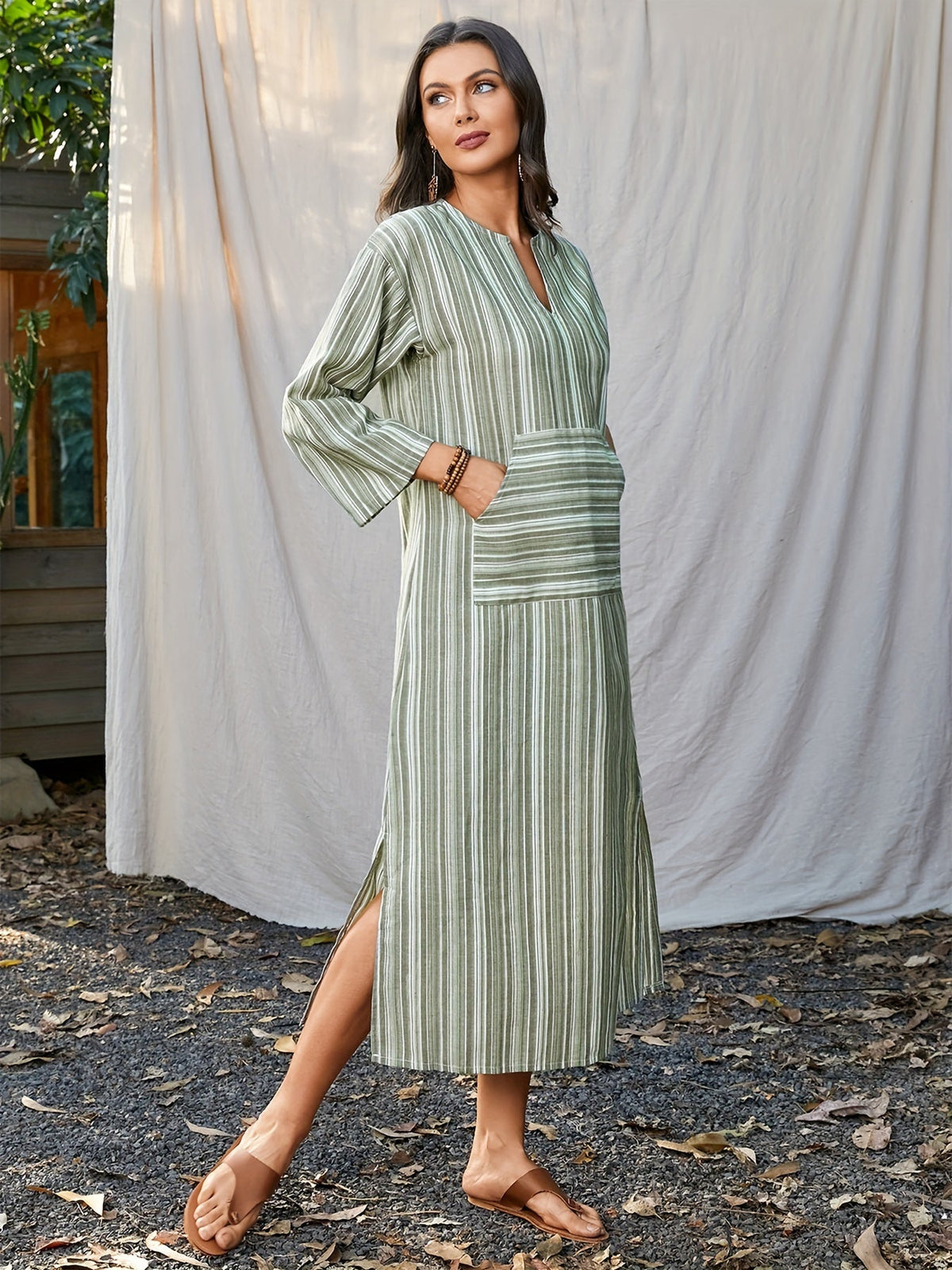Striped Print Long Sleeve Dress - Relaxed Casual Style with Notch Neck