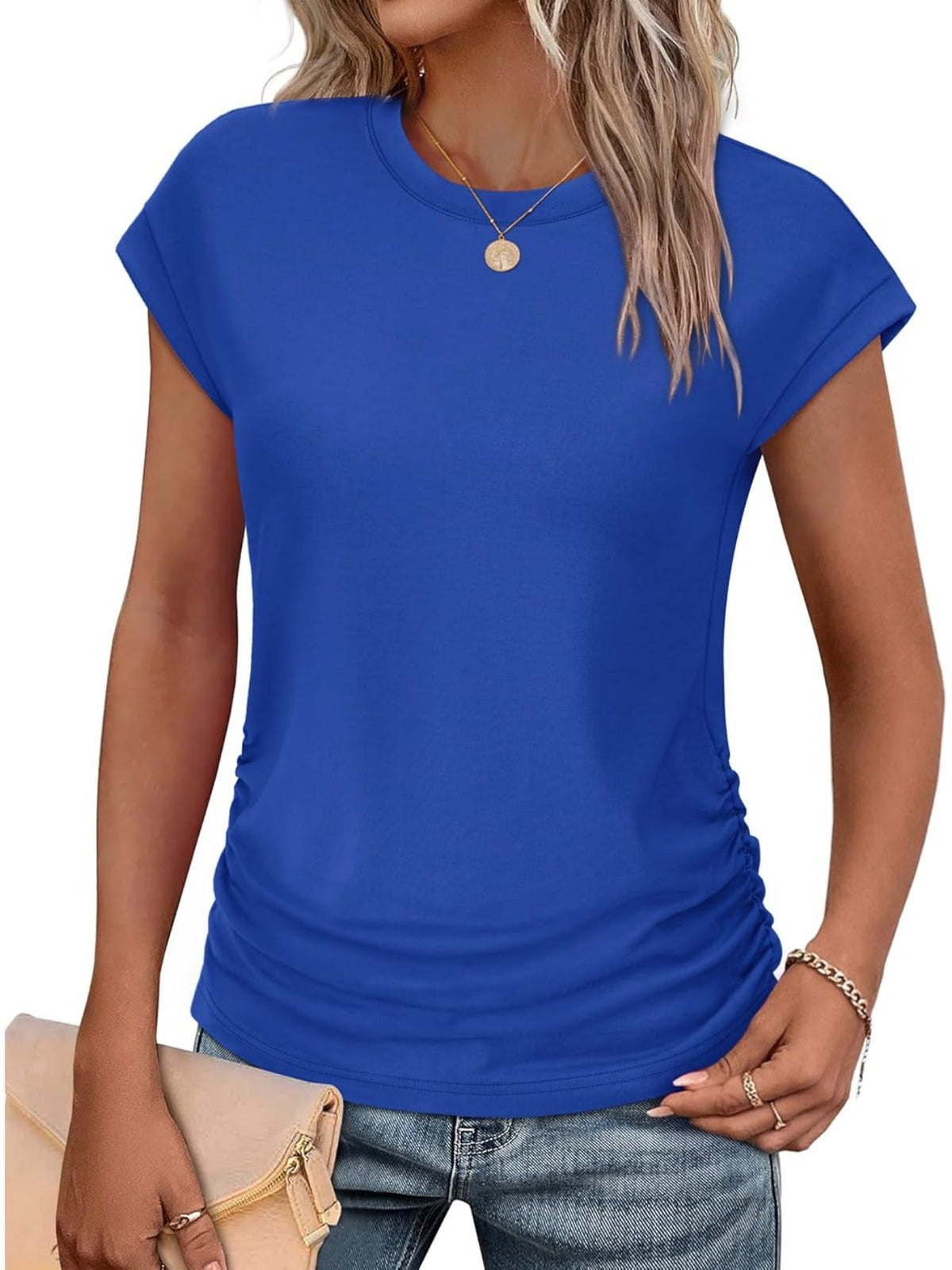 Solid Color Crew Neck Ruched Cap Short Sleeve T Shirts
