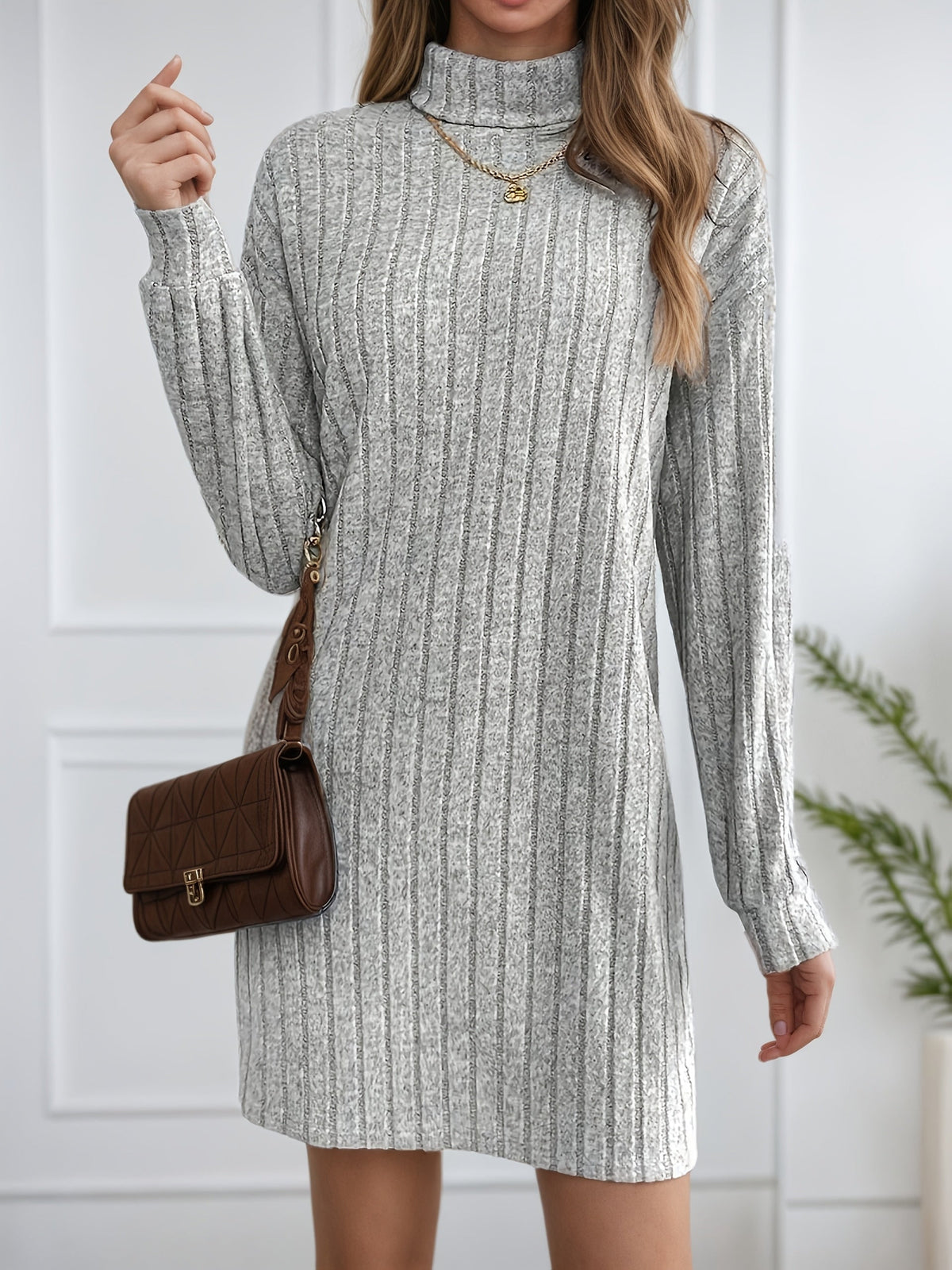 Elegant Turtleneck Knit Dress for Women - Soft, Stretchy Long Sleeve Design