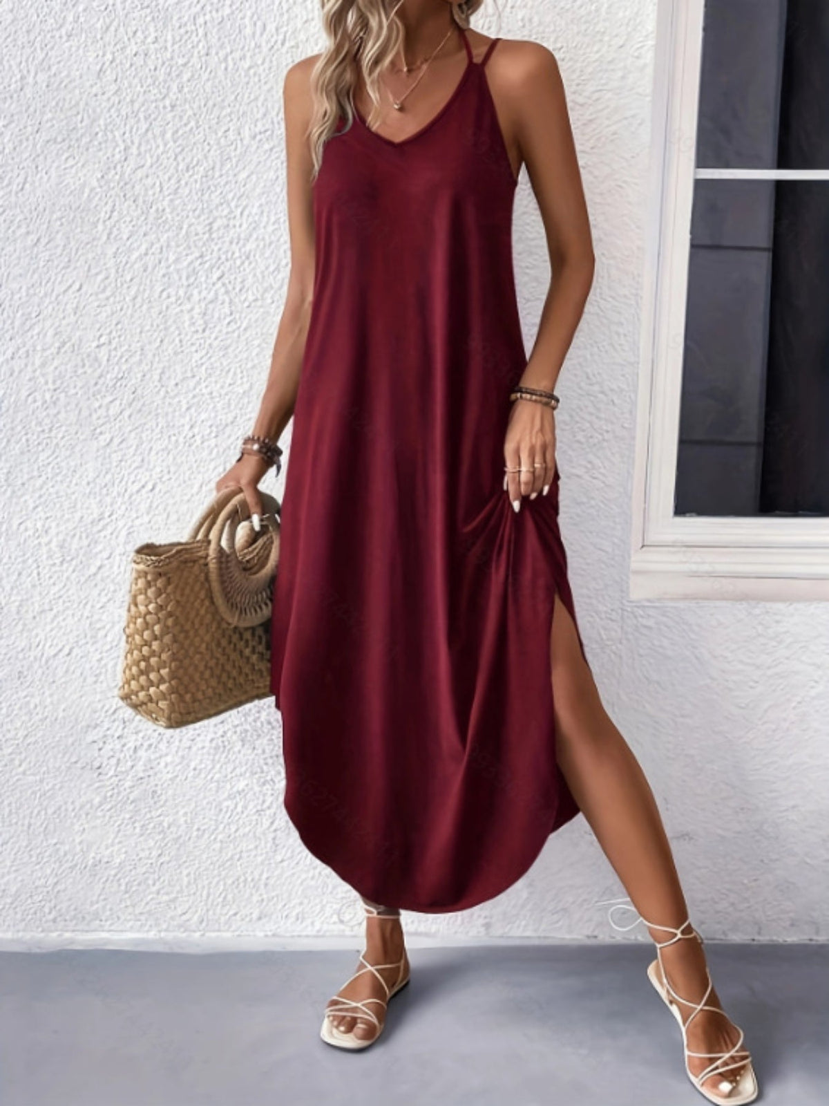 Women's Solid Backless Cami Dress with Tie Neck and Curvy Hem - Casual Sleeveless Oversized Dress for Comfort and Style