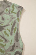 Green Camo Print Button Front Loose Sweater Vest