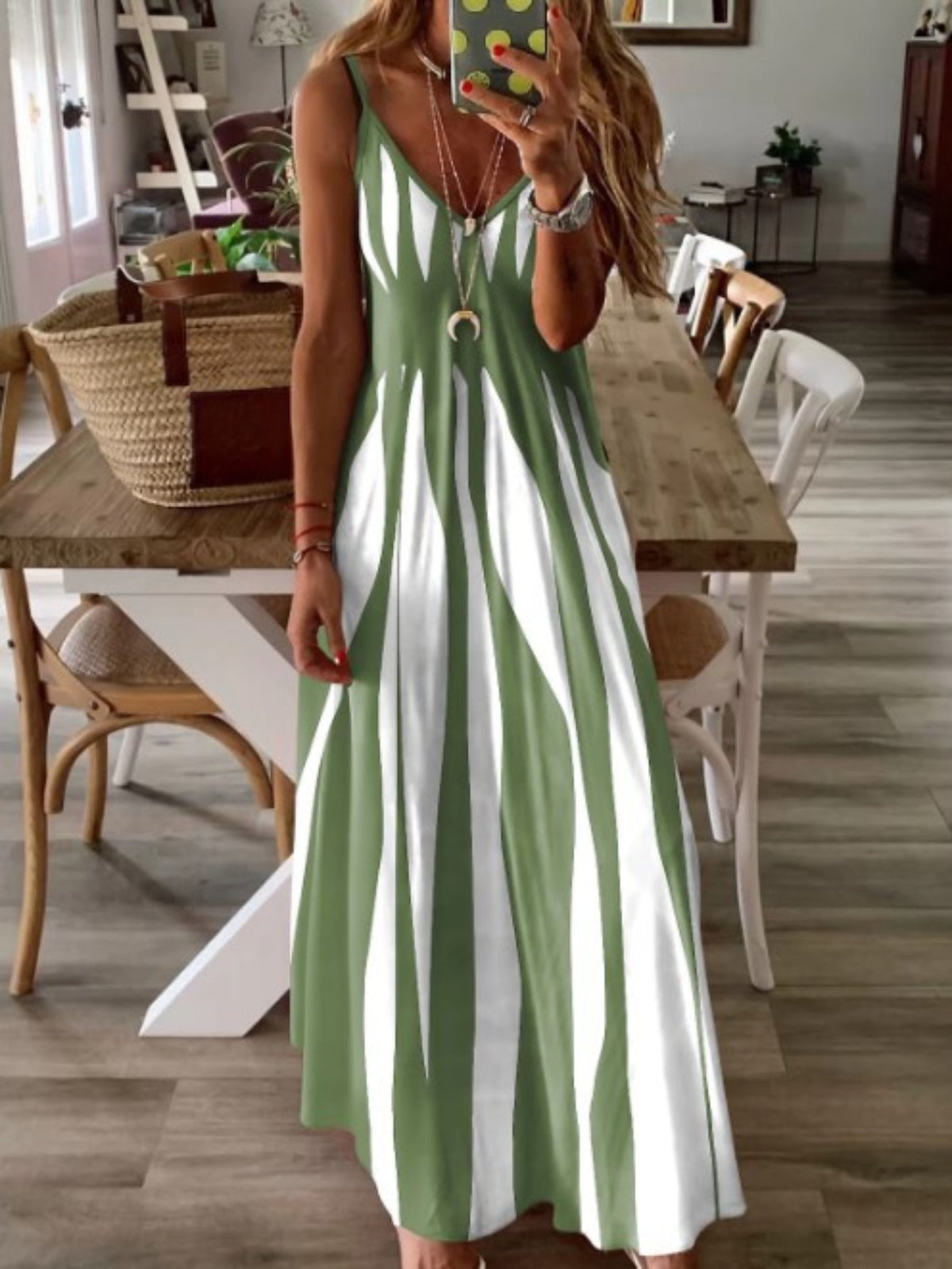 Geo Print V Neck Dress, Casual Spaghetti Strap Sleeveless Dress