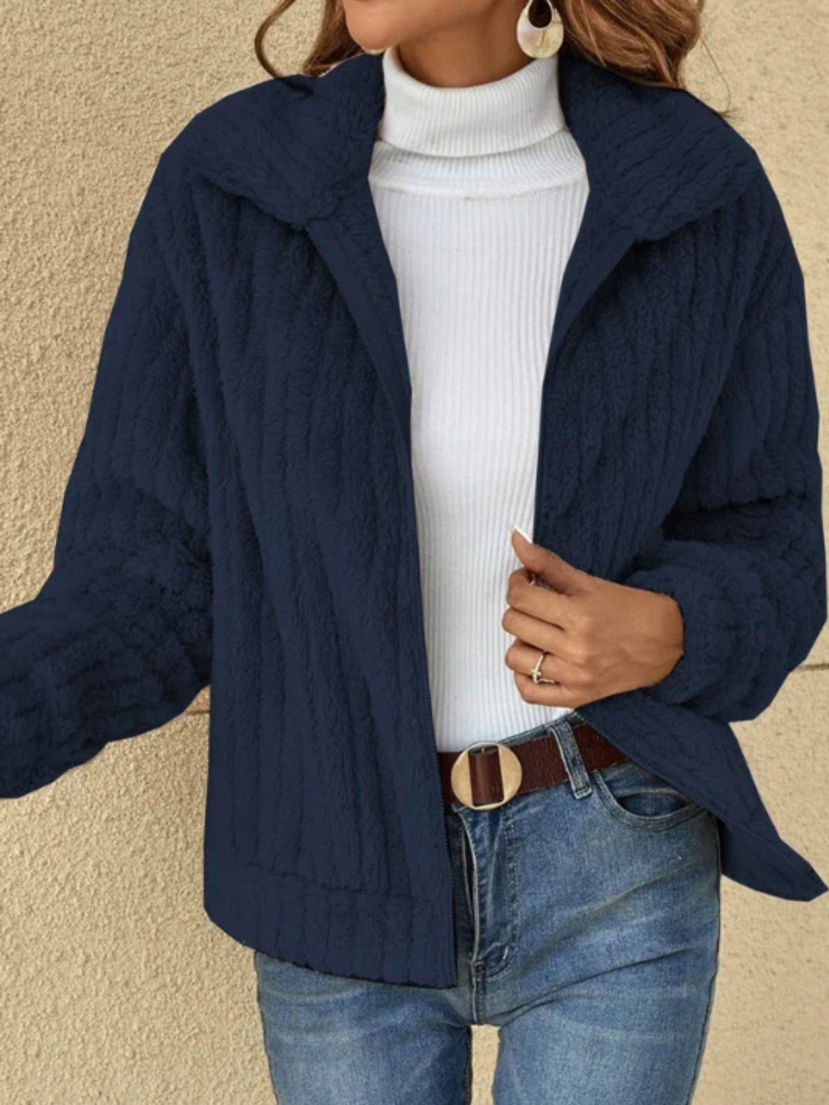 Casual Coat, Women's Fuzzy Long Sleeve Zip Up Lapel Collar Shaggy Teddy Coat