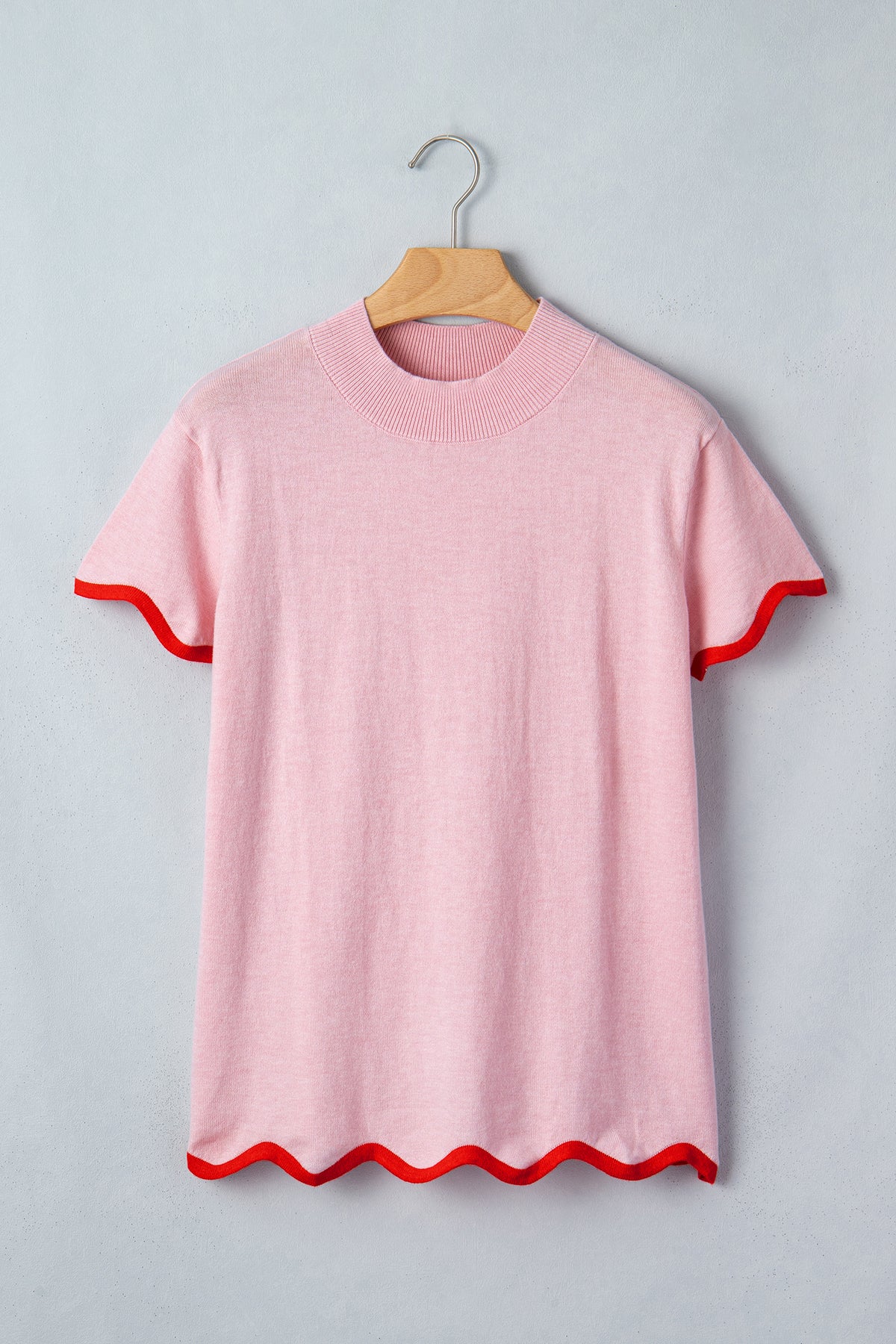Pink Stand Neck Contrast Wavy Trim Short Sleeve Sweater
