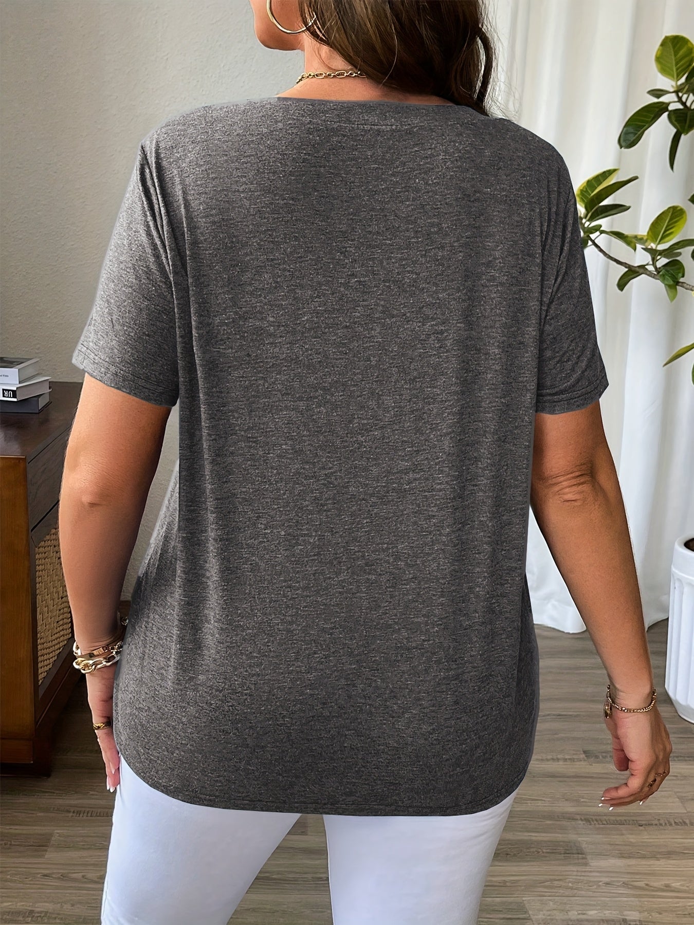 Solid Color T-Shirt with Crisscross V-Neck and Short Sleeves