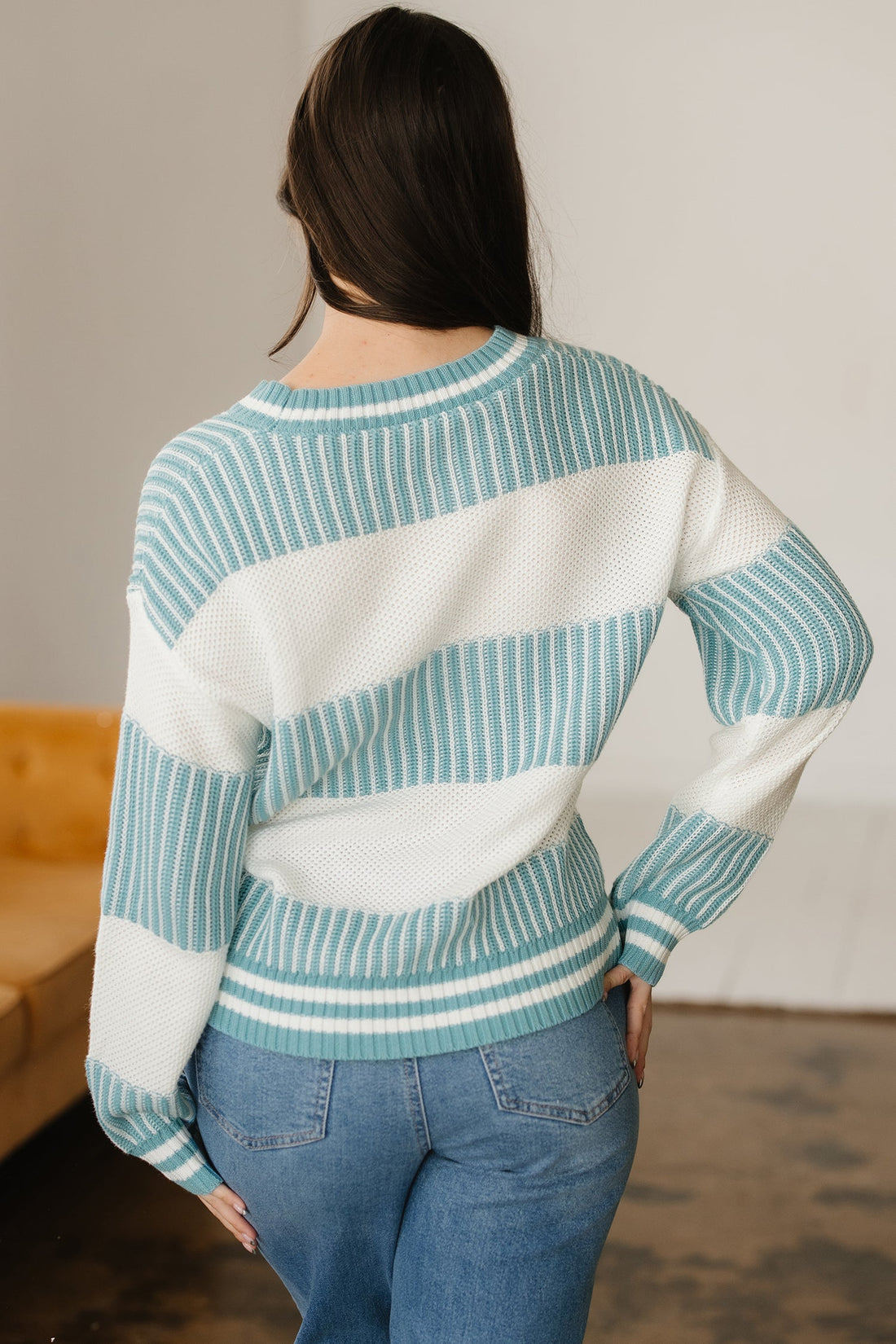 Light Blue Two Tone Striped Patchwork Drop Shoulder Loose Sweater