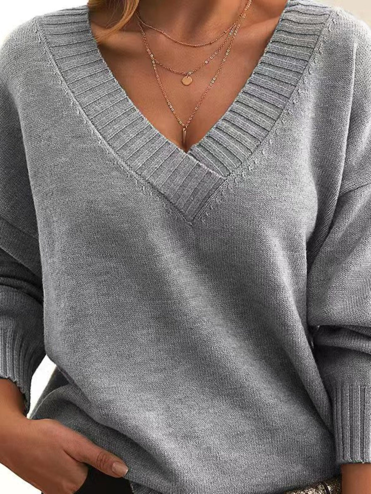 Solid Simple Knit Sweater, Casual V Neck Long Sleeve Sweater
