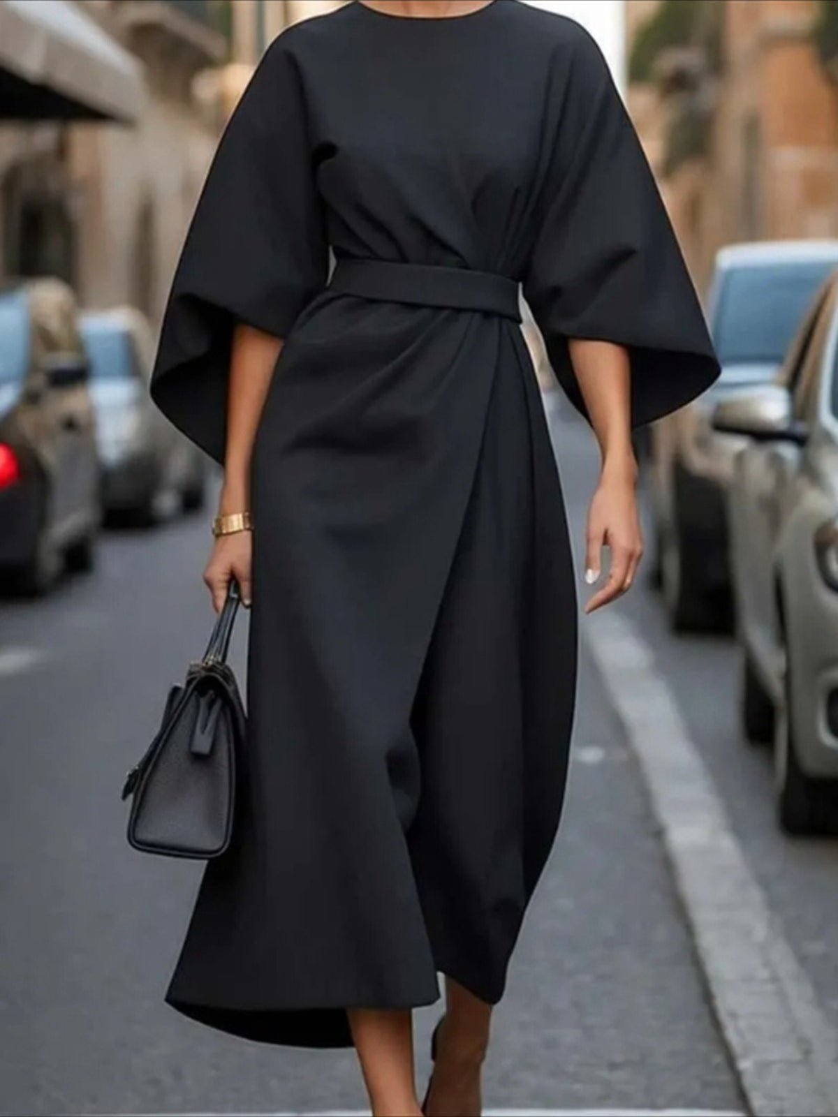 Elegant Solid Color Waist Seven Quarter Sleeve Round Neck Dress