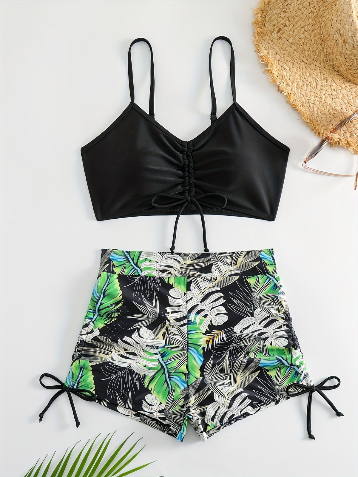 Tropical Leaf Print V Neck High Waist Bikini Sets, Drawstring Spaghetti Straps Boxer Short Bottoms Two Pieces Swimsuit
