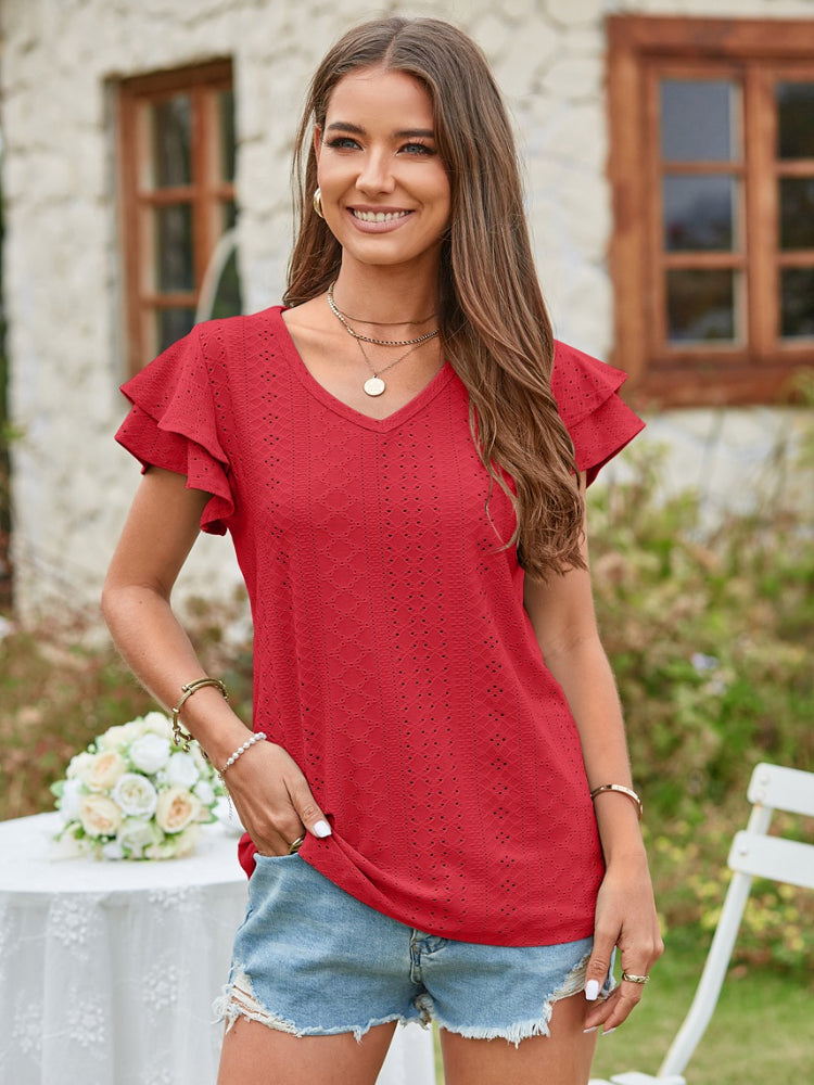 V Neck Short Sleeve Ladies Elegant Casual T-Shirts