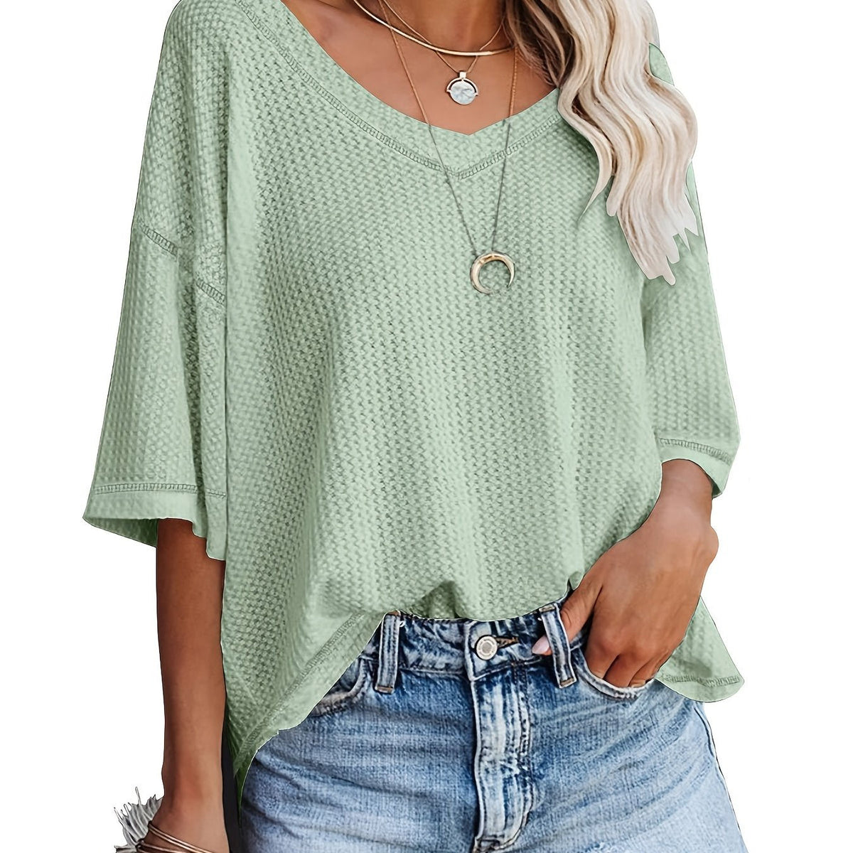 Solid Elegant V Neck T-Shirt, Drop Shoulder Casual Top