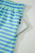 Green Stripe Striped Ribbed Cotton Two-Piece Pant Set with Chest Patch Detail