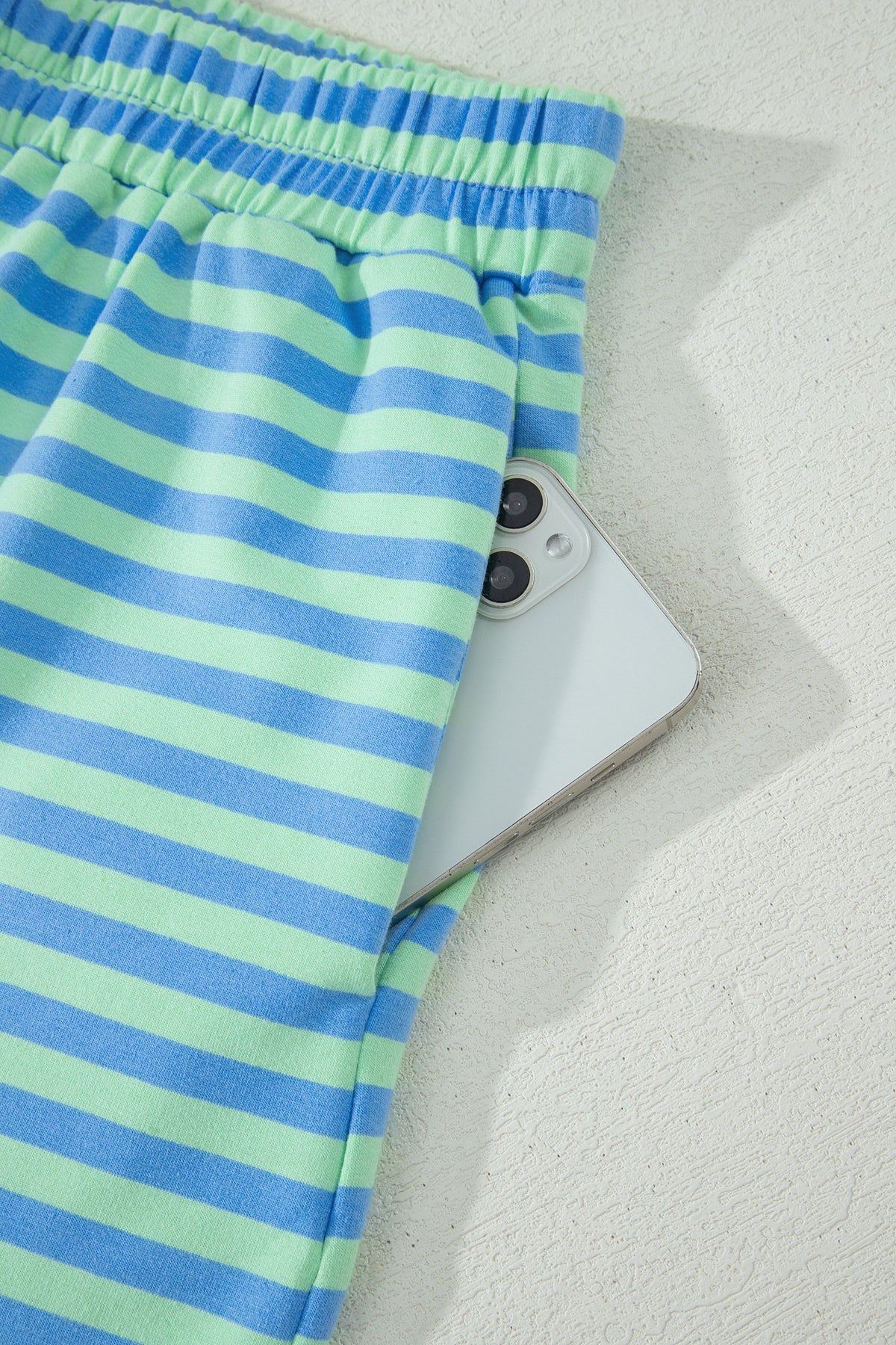 Green Stripe Striped Ribbed Cotton Two-Piece Pant Set with Chest Patch Detail