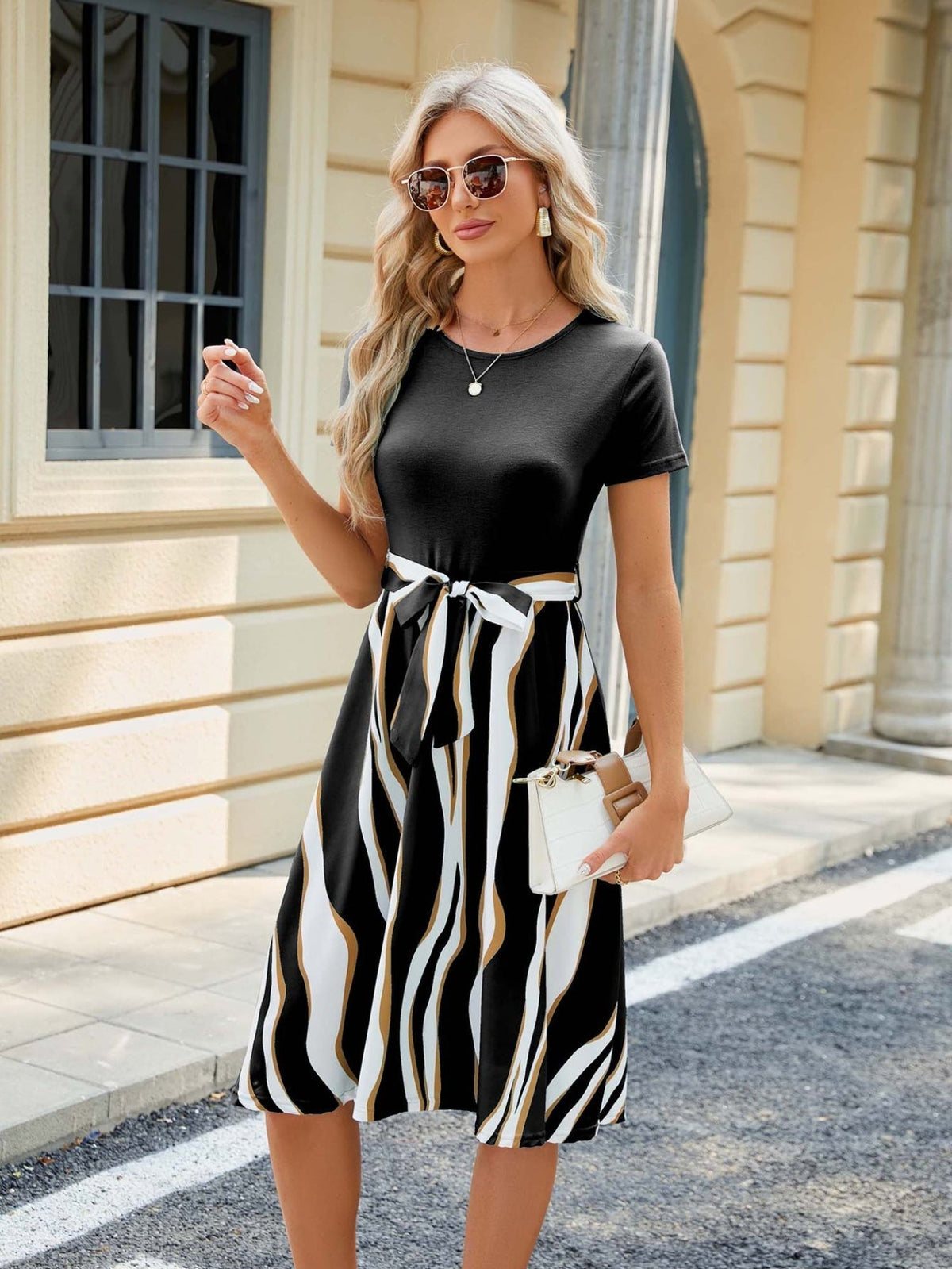 Colorblock Belted A-line Dress