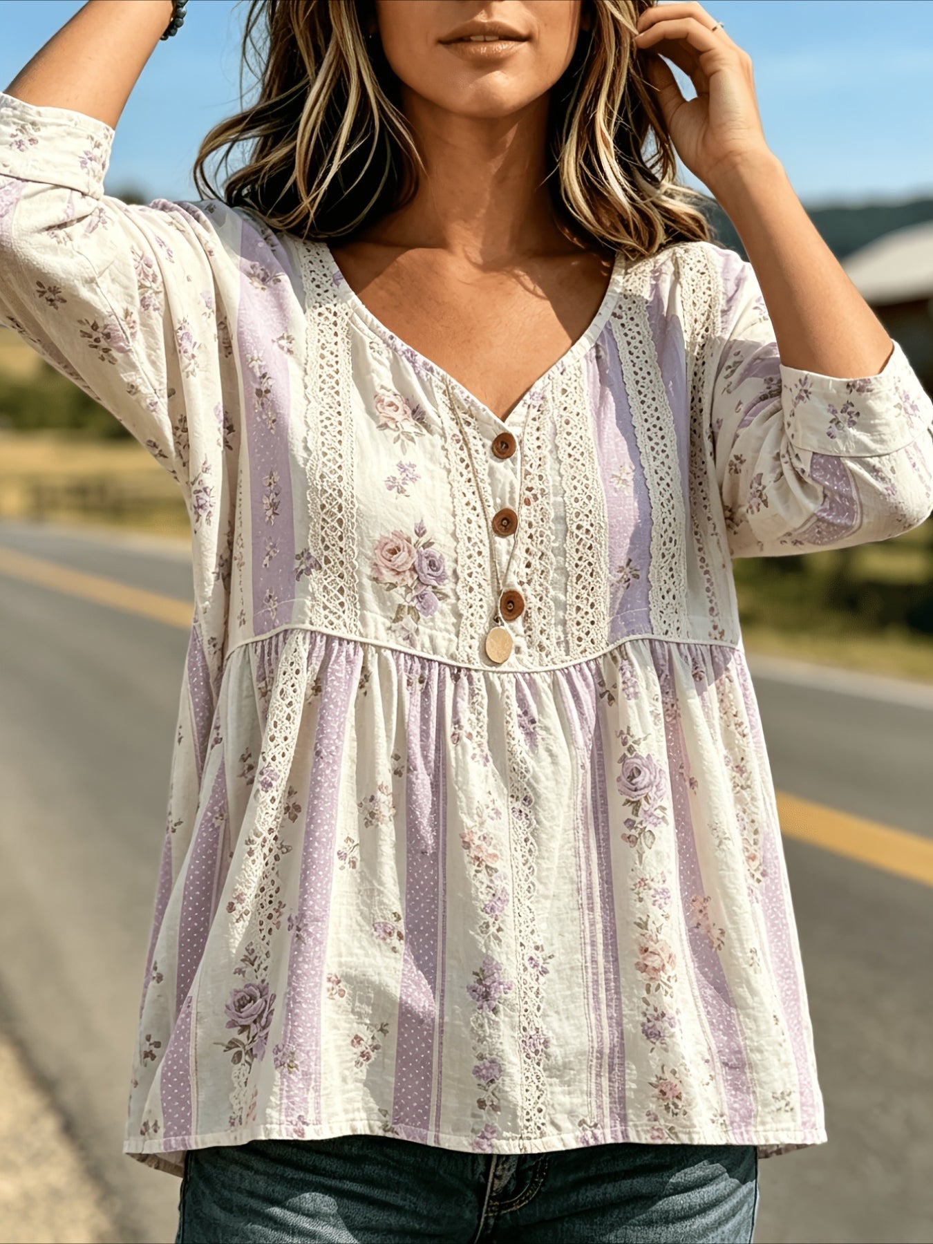 Floral Print 3/4 Sleeve V-Neck Three-Button Front Babydoll Blouse