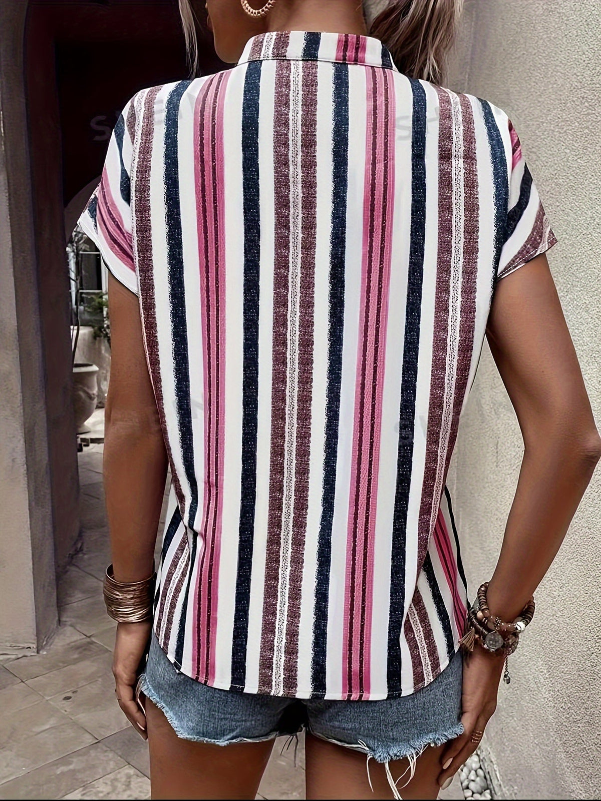 Striped Print Notched Neck Blouse, Casual Short Sleeve Blouse
