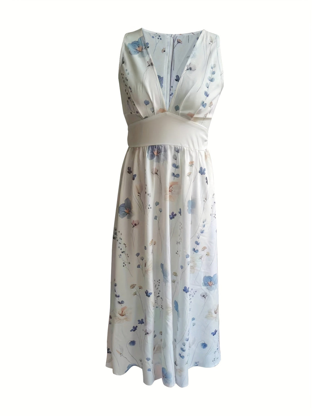 Floral Print Plunging Sleeveless Midi Dress - Women's Casual High Waist Clothing