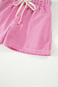 Pink Stripe Drawstring Elastic Waist Casual Denim Shorts