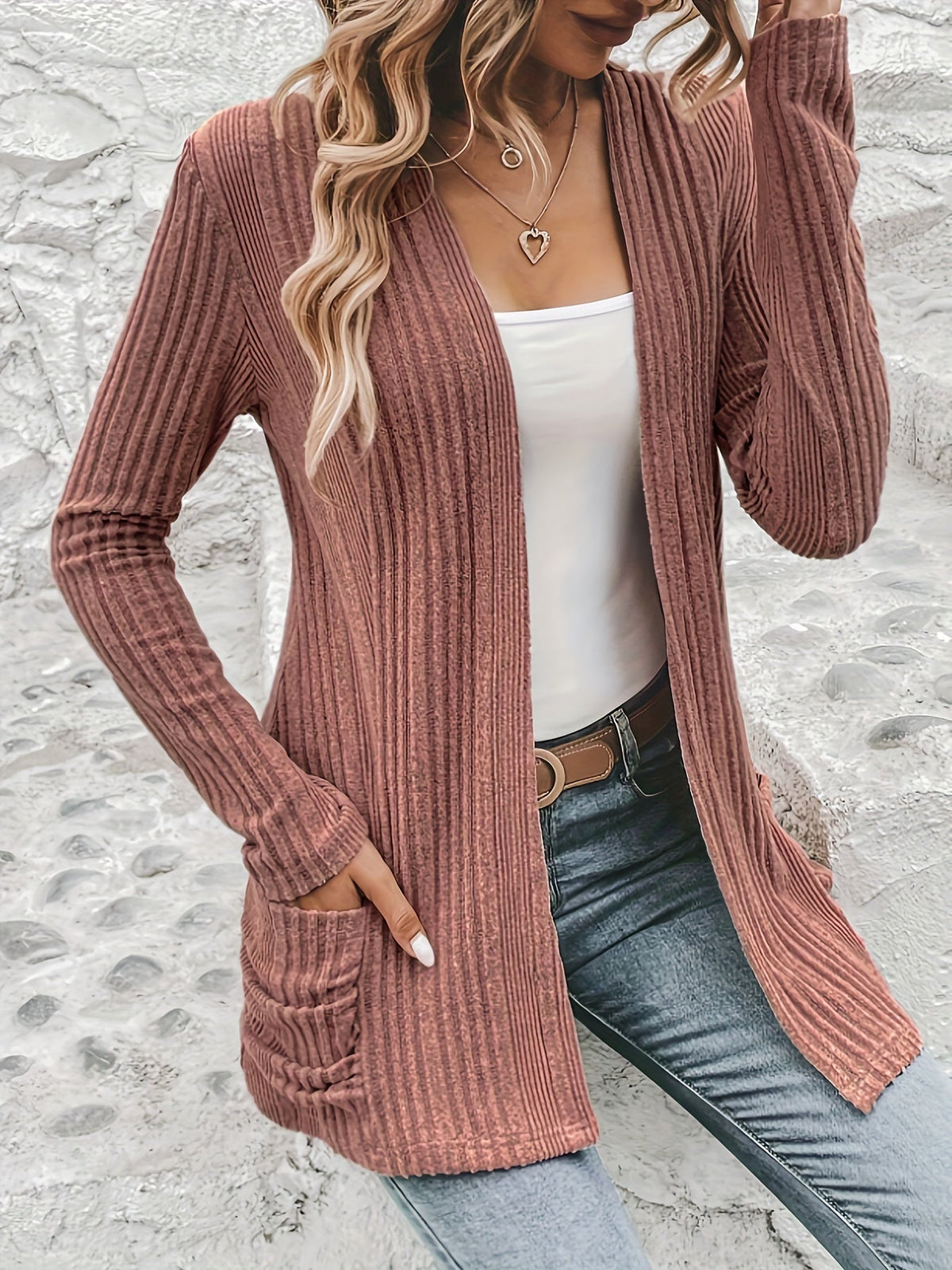 Solid Open Front Rib Knit Cardigan, Casual Long Sleeve Slim Cardigan With Pocket