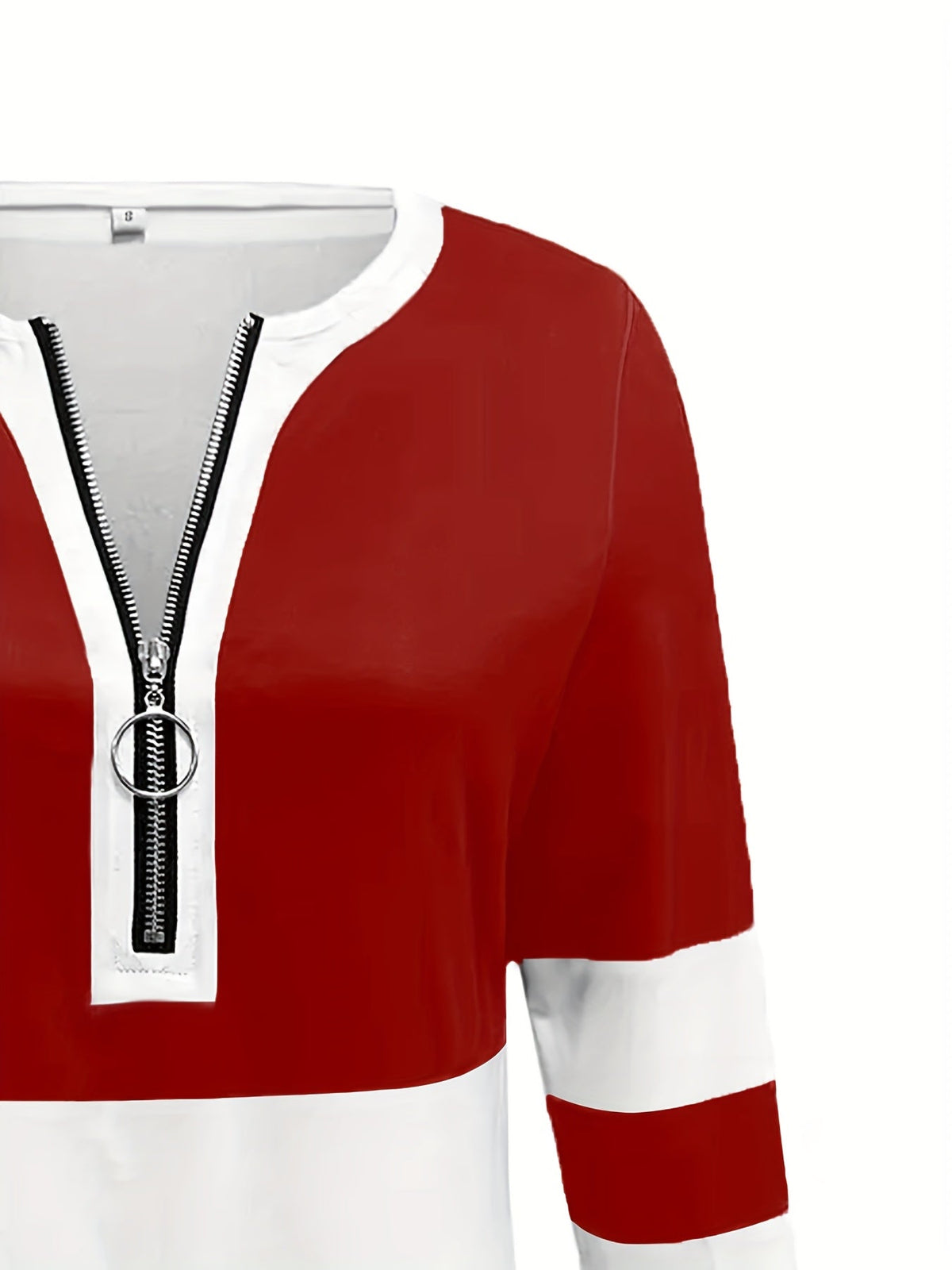 Stylish Color Block V-Neck Long Sleeve T-Shirt with Zipper Detail