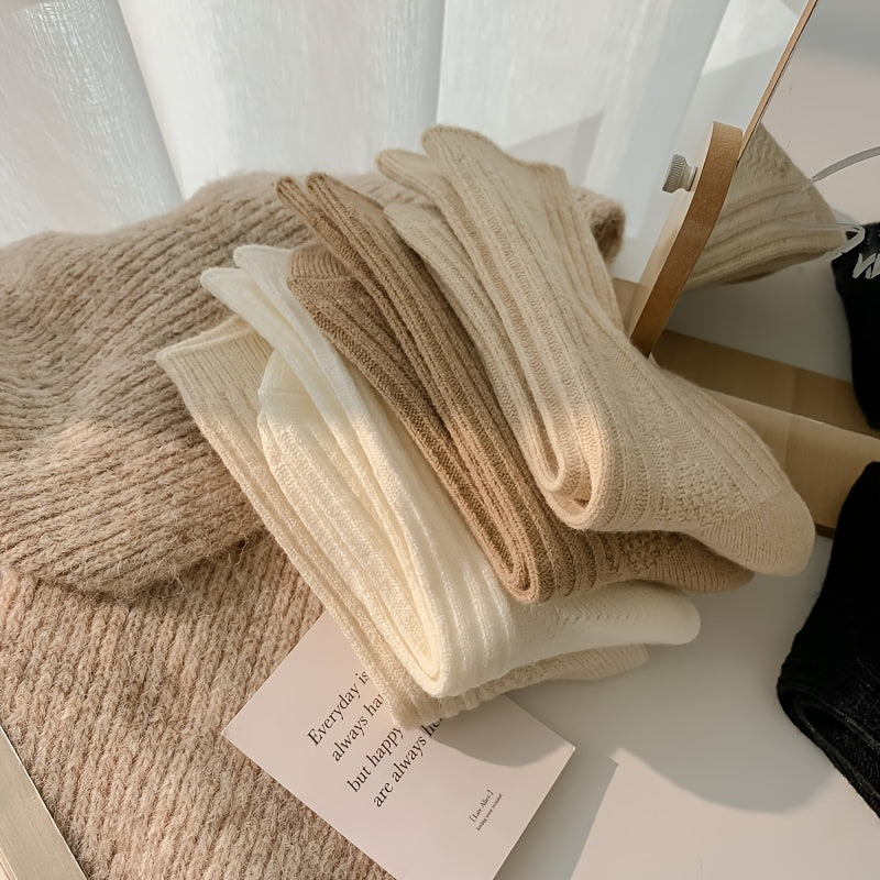 2/6 Pairs Thick & Warm Cream Color Socks, Retro Art Pattern Mid Tube Socks