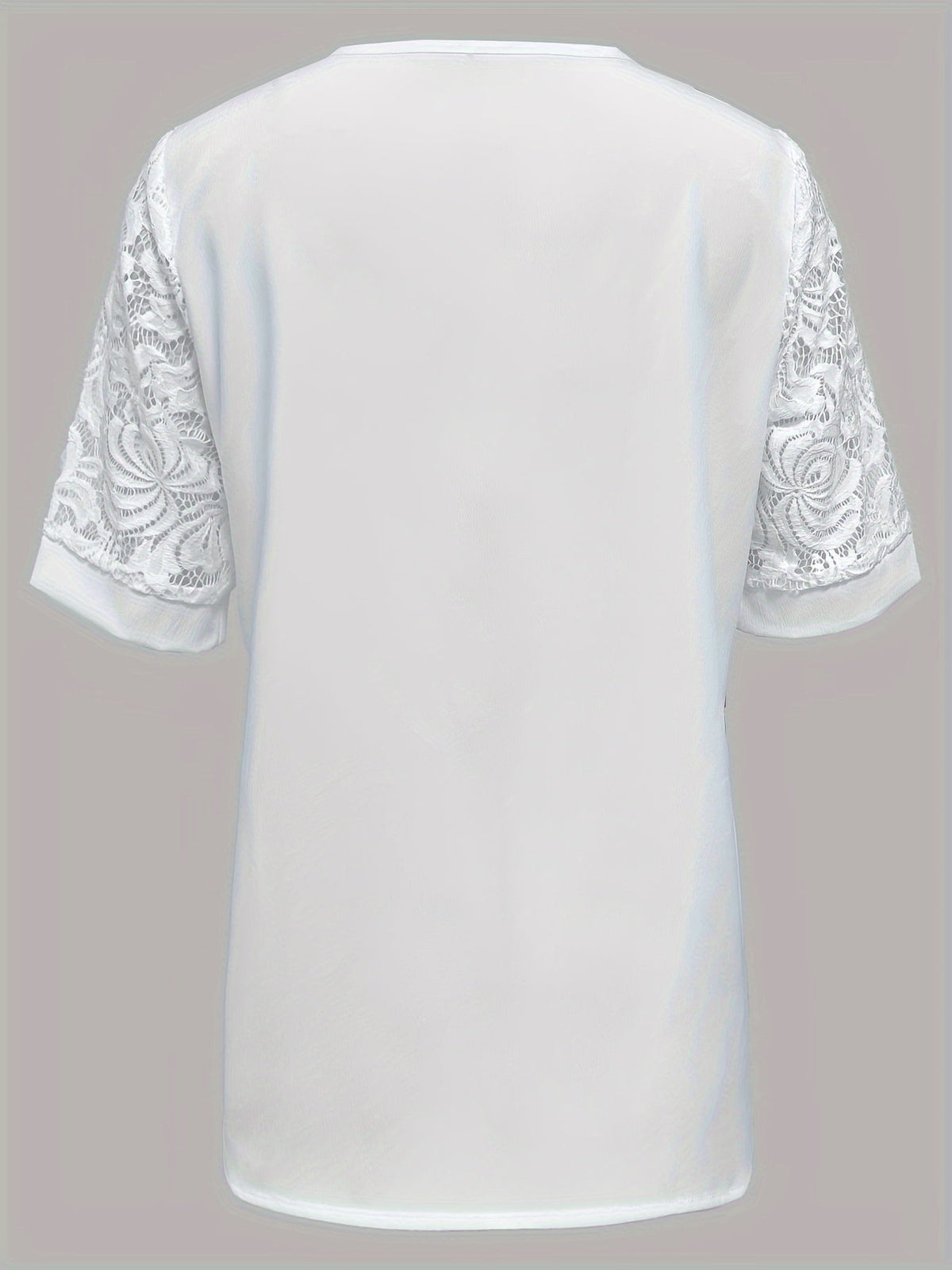 Contrast Lace Notched Neck T-Shirt, Casual Short Sleeve Top