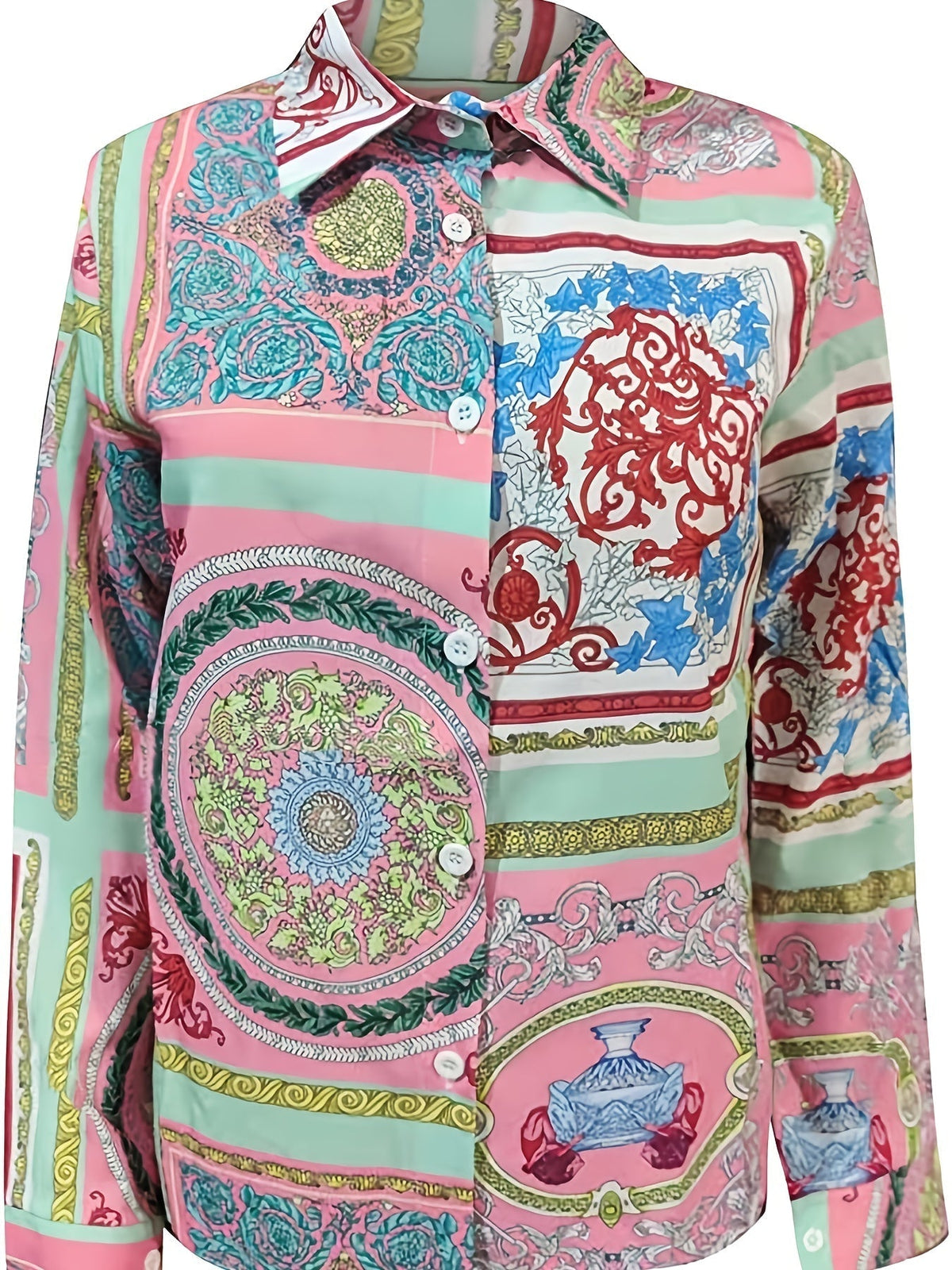 Women's Blouse V-neck Print Button Long Sleeve Loose Fall Blouse