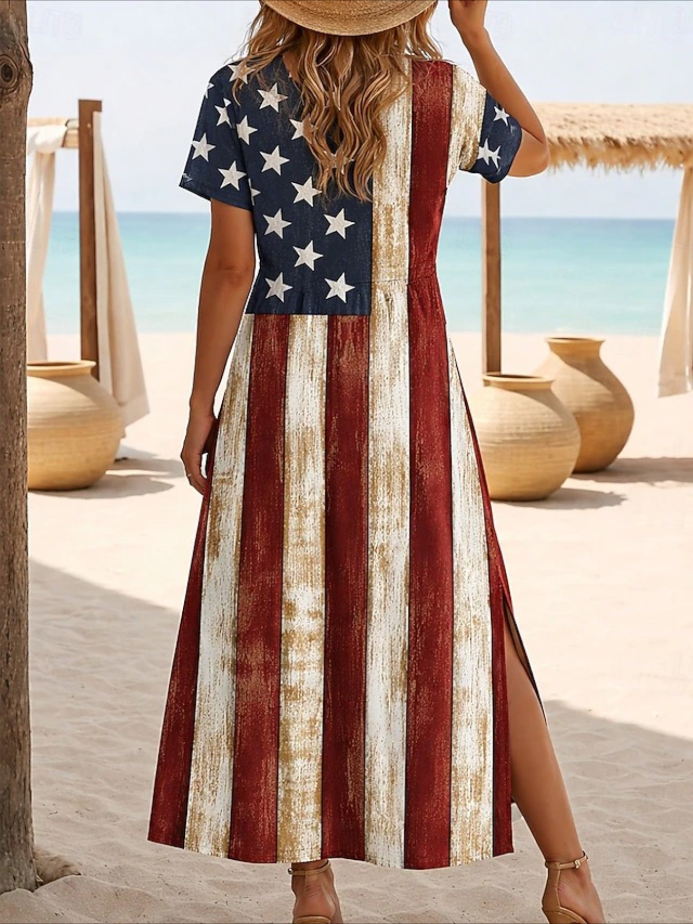Patriotic Loose Fit Short Sleeve Crewneck Maxi Dress