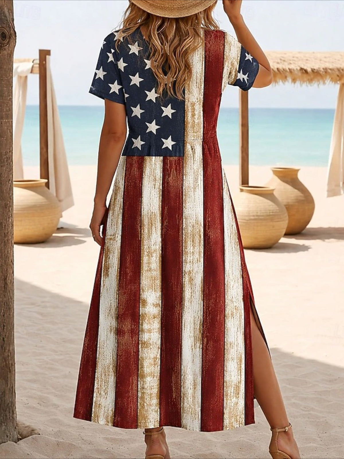 Patriotic Loose Fit Graphic Geometric Flag Short Sleeve Crewneck Maxi Dress