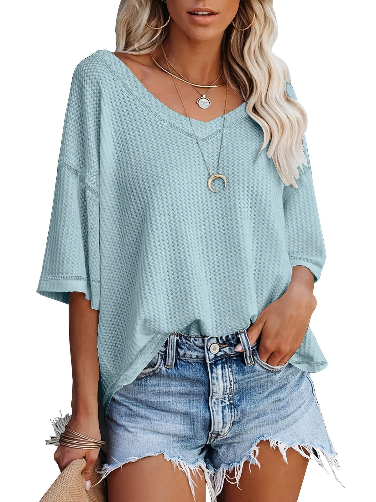 Solid Elegant V Neck T-Shirt, Drop Shoulder Casual Top