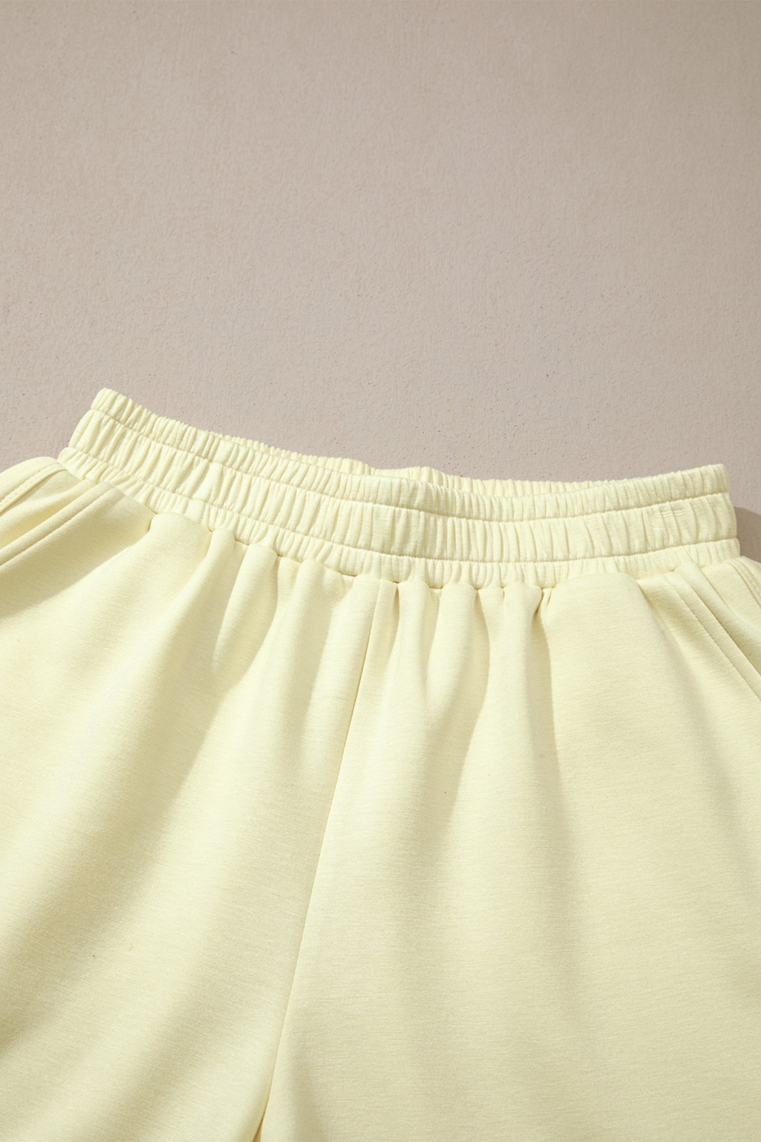 Yellow Cream Solid Color Exposed Seam Mock Neck Oversize Tee Casual Shorts 2pcs Outfit