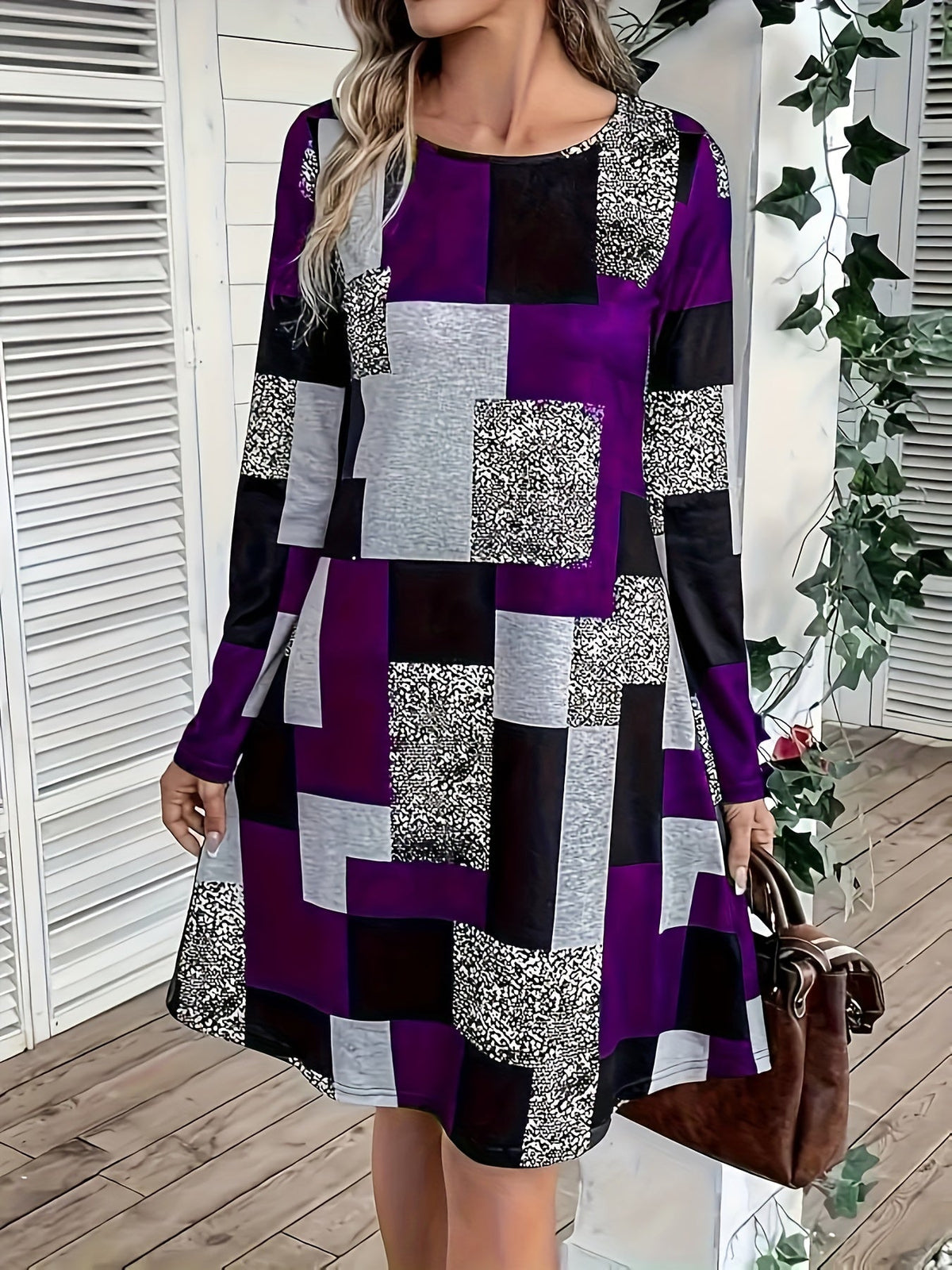 Women's Casual Crew Neck Long Sleeve Geometric Print Dress