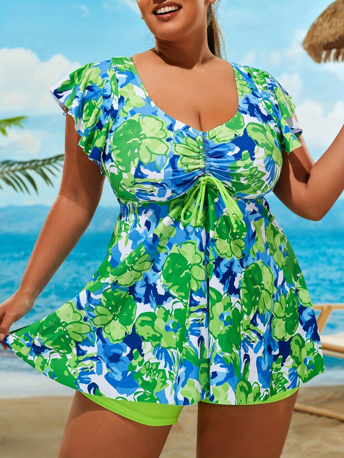 Women's Vacay Tankini Set, Plus Size Floral Pattern Drawstring Front Top & Boxer Short Bottom Swimsuit 2 Piece Set
