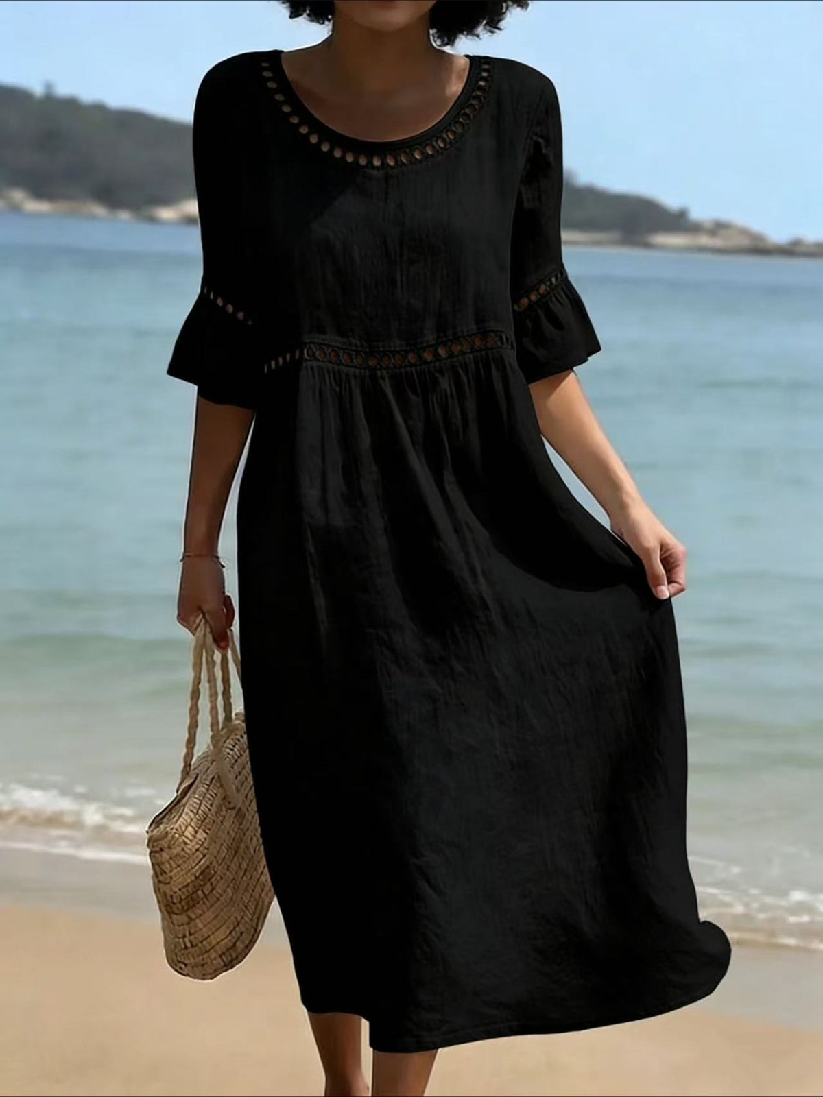 Color Retro Laced Lace Short Sleeve Round Neck Dress