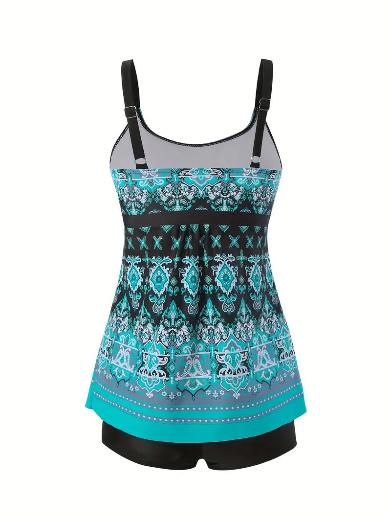Colorful Digital Pattern Tankini Sets, Boxer Shorts Stretchy Tummy Cover Two Piece Swimsuit