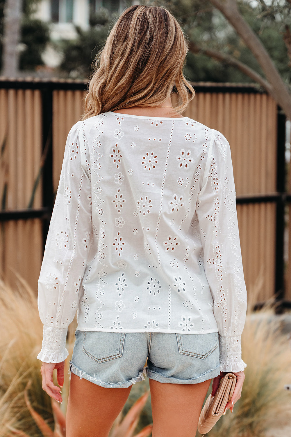 White Eyelet Embroidered Smocked Cuff Sheer Blouse