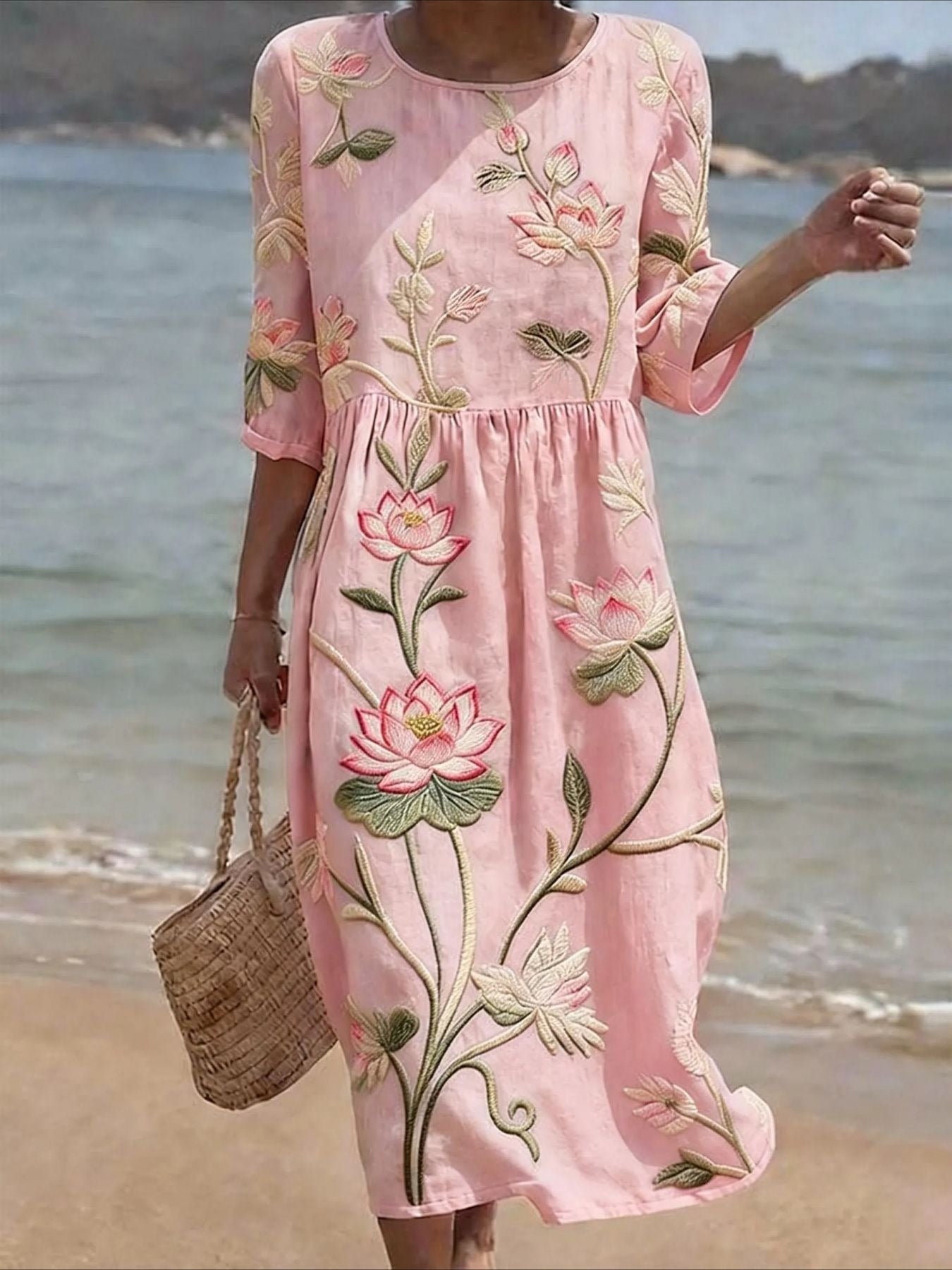 Casual Round Neck Mid Sleeve Printed Dress