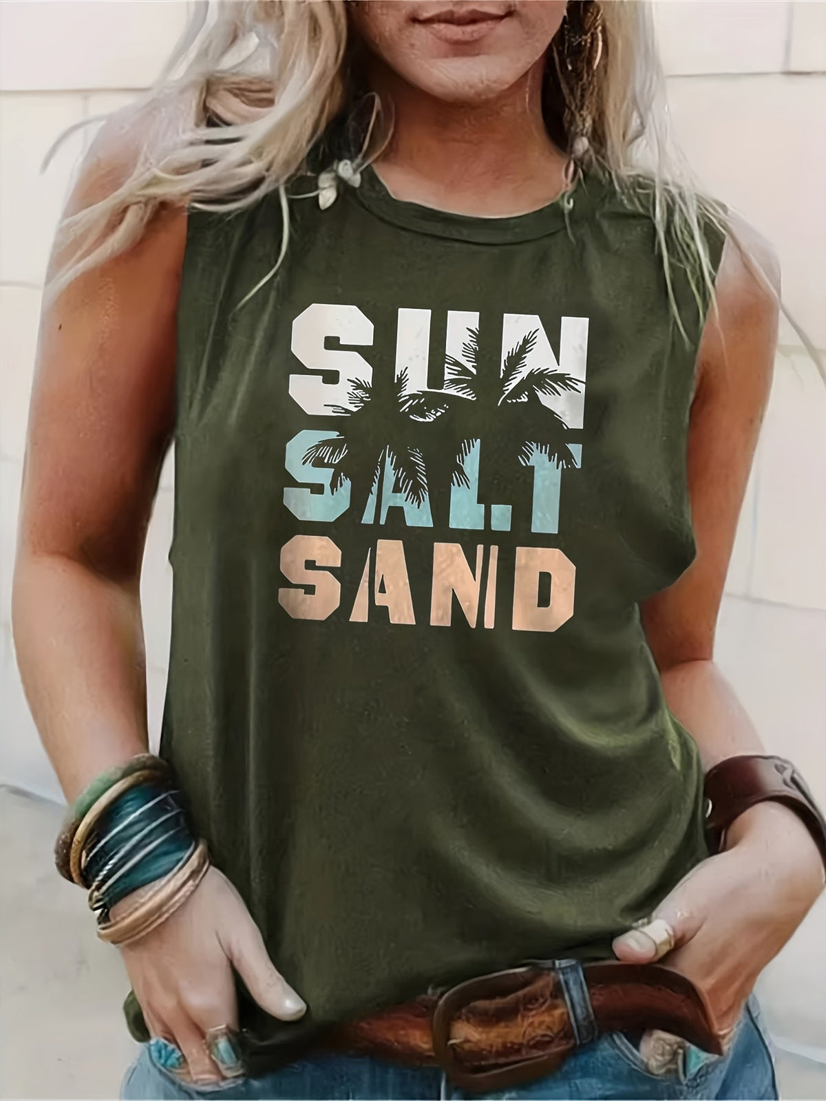 Sun Salt Sand Print Tank Top, Casual Sleeveless Crew Neck Beach Tank Top