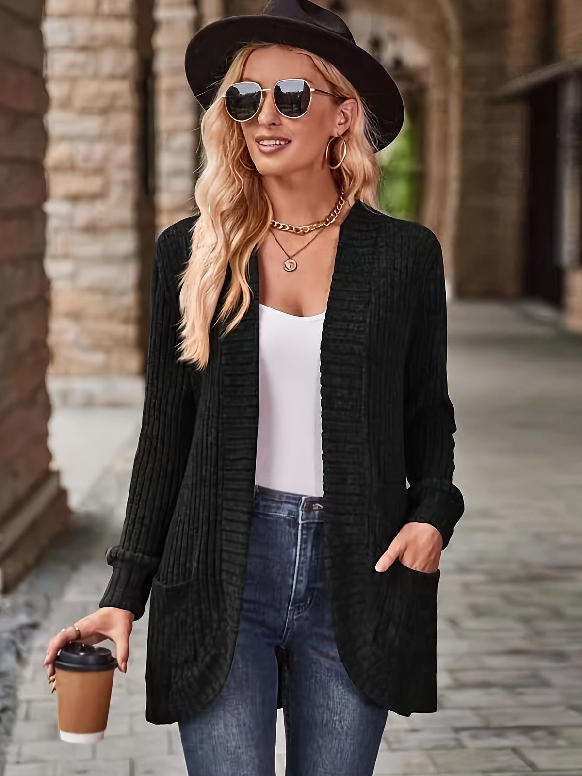 Solid Open Front Cardigan, Casual Long Sleeve Drop Shoulder Outwear