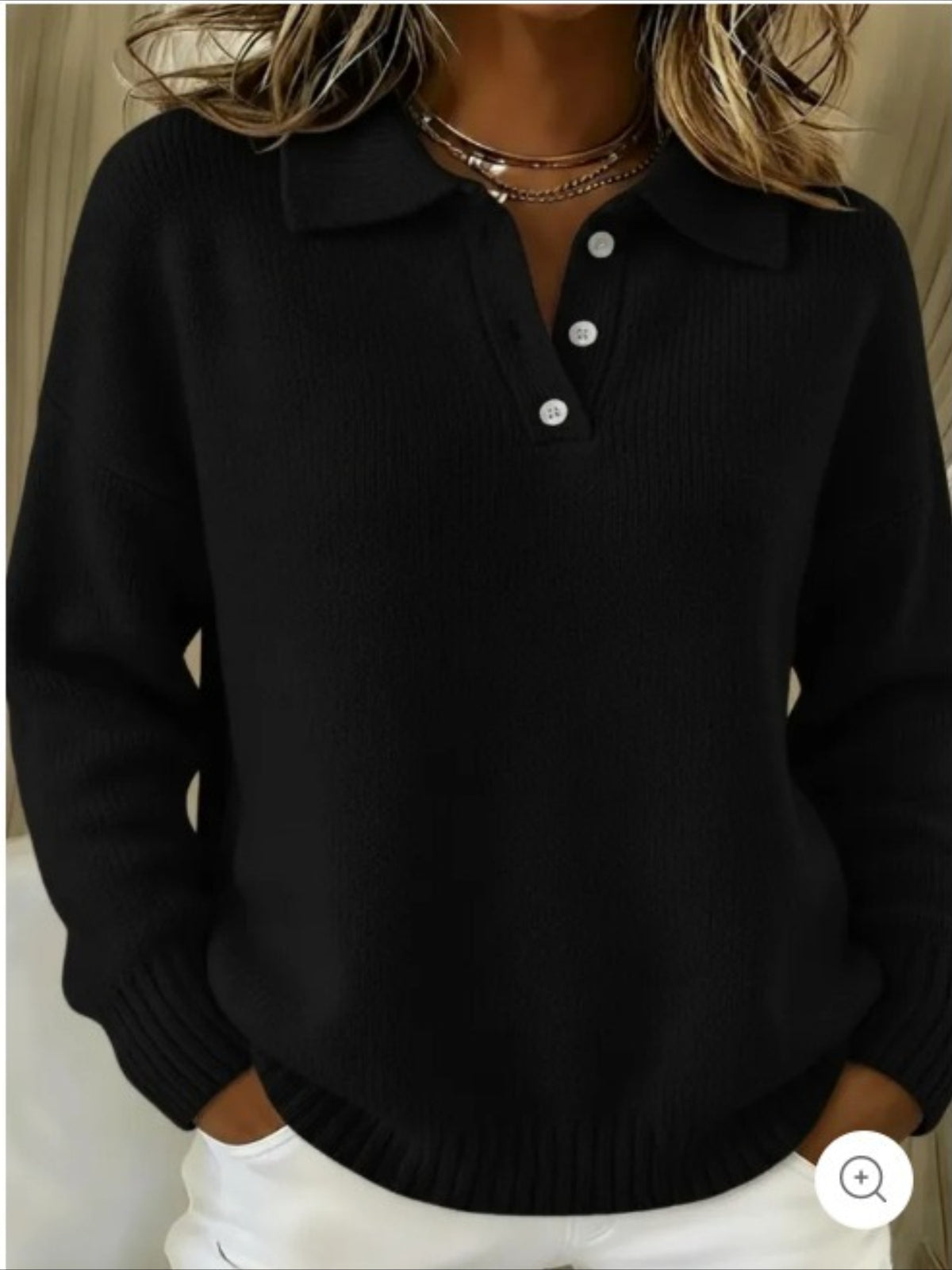 Classic Polo Neck Button-Down Solid Color Sweater Top