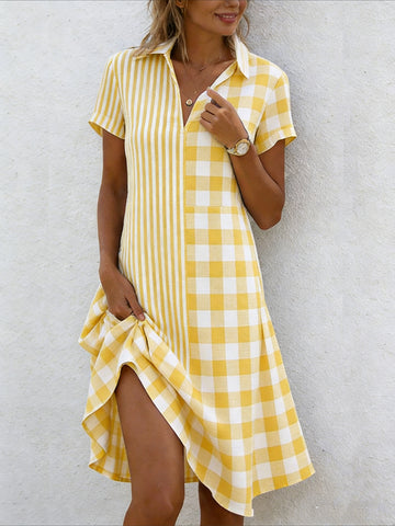 Elegant Loose Shawl Collar Geometric Shirt Dress