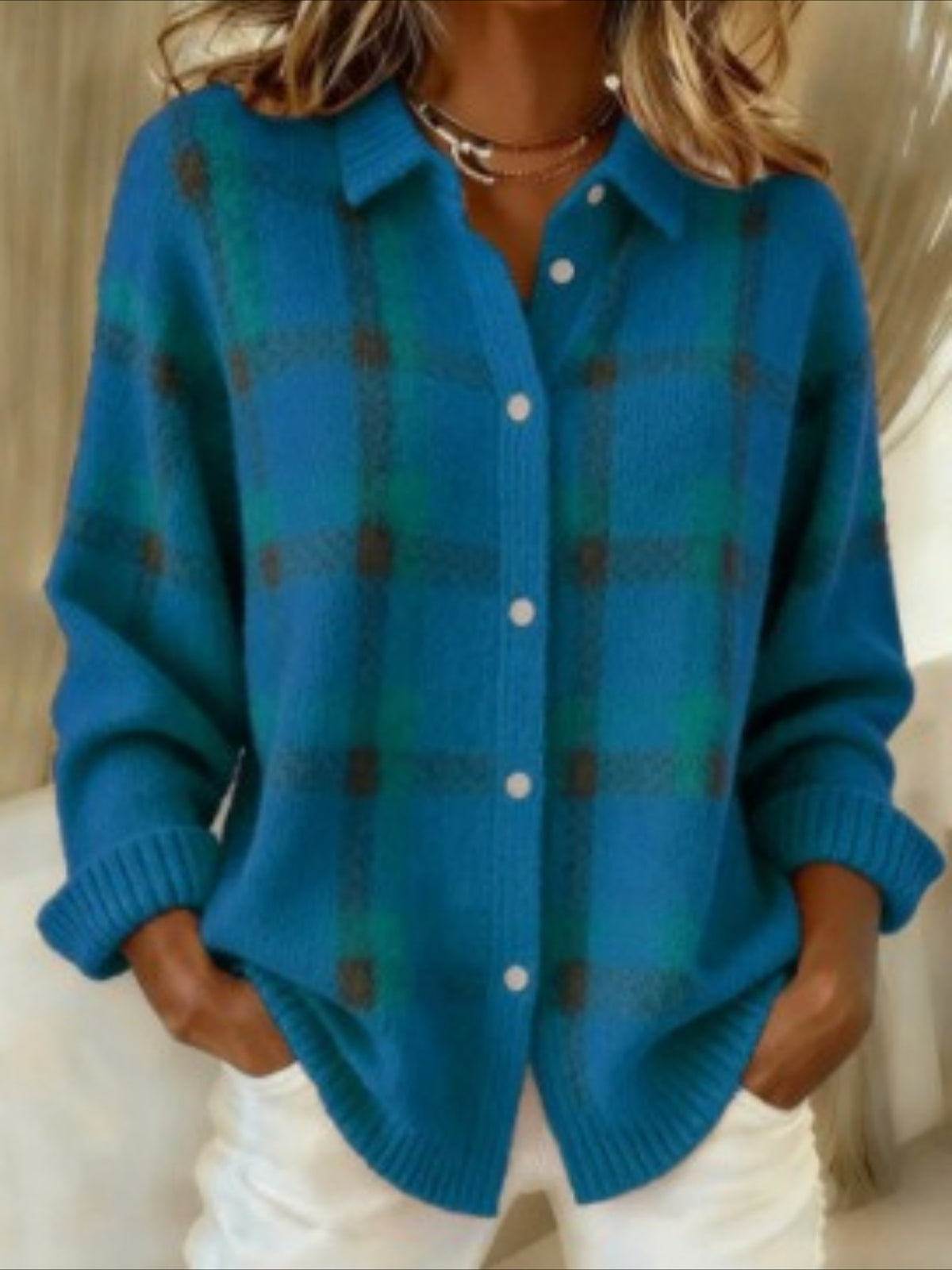 Plaid Collared Button-Up Knit Cardigan