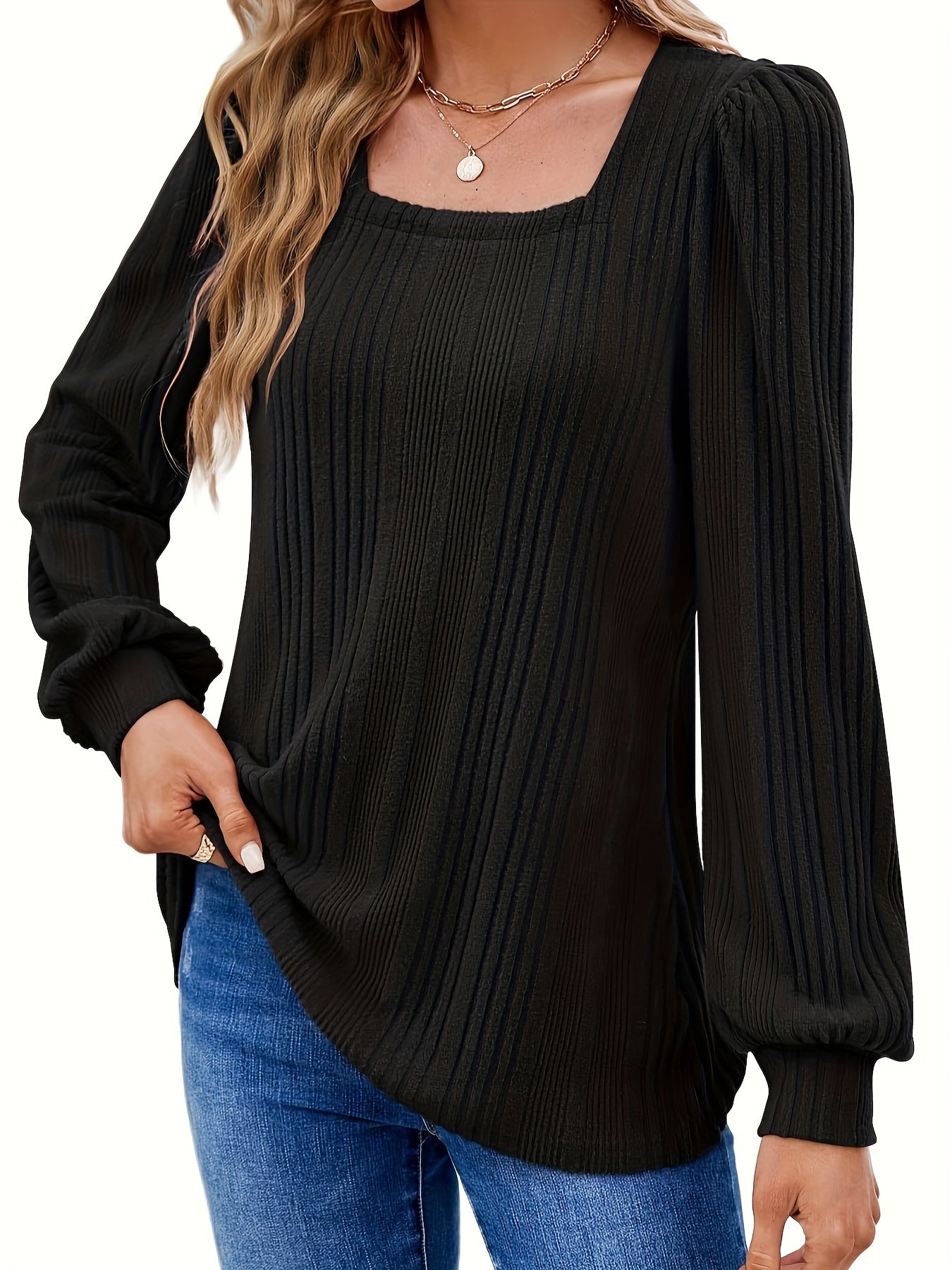 Solid Square Neck Rib Knit Top, Elegant Long Sleeve Sweater