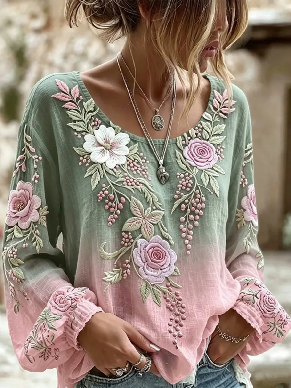 Floral Crew Neck Long Sleeve Blouse