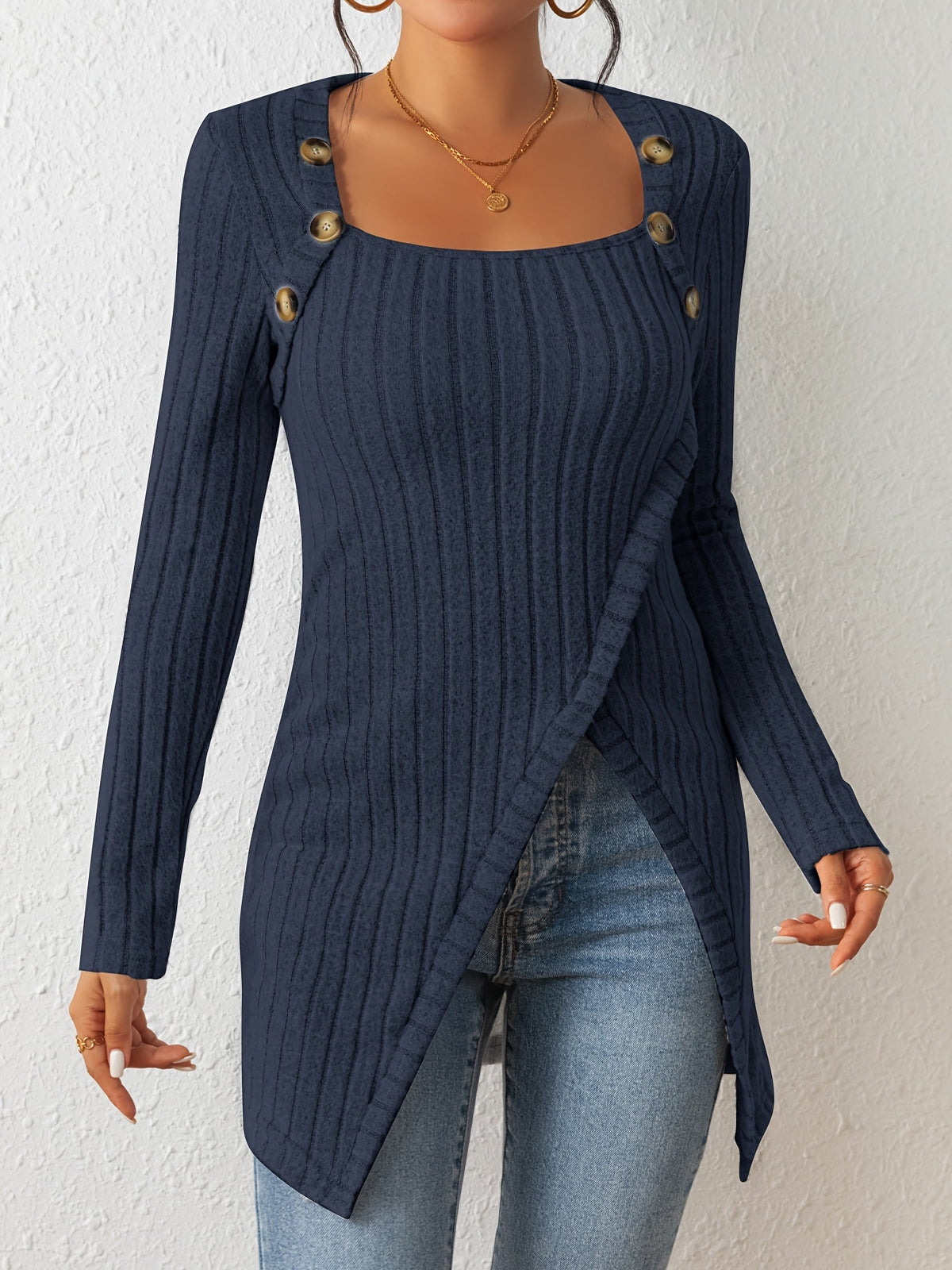 Button Decor Asymmetrical Hem T-Shirt, Casual Ribbed Long Sleeve Top