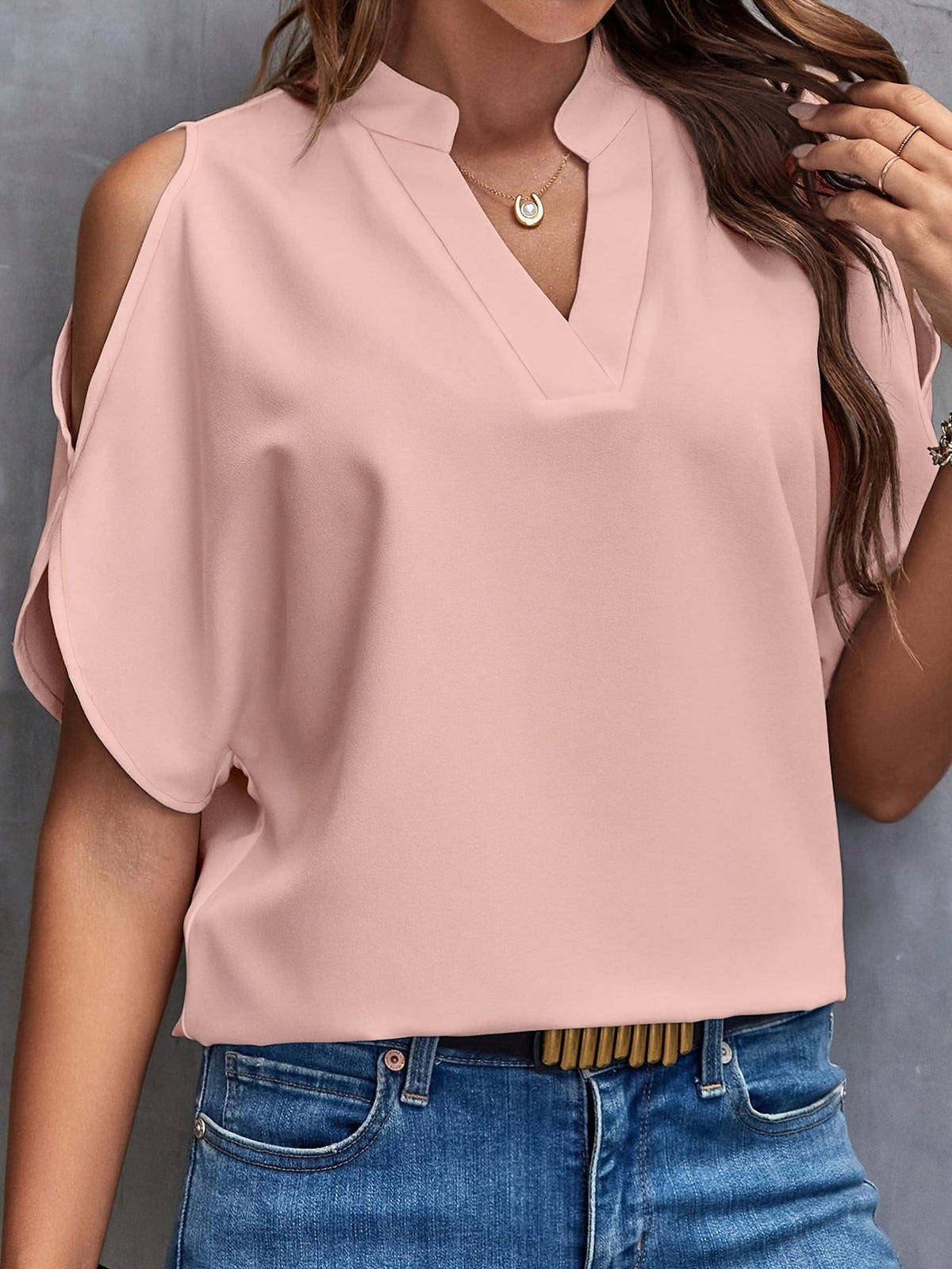 Solid Notched Neck Simple Blouse
