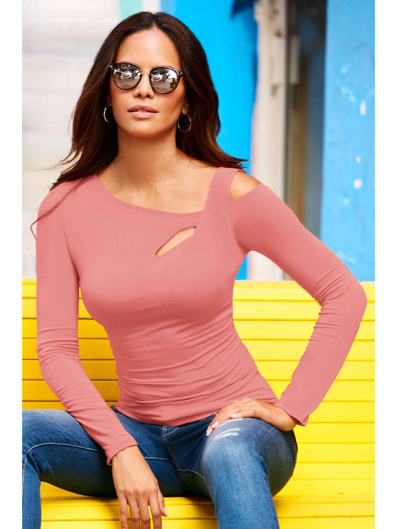 Chic Cold Shoulder Cut Out Asymmetrical Long Sleeve T-Shirt , Comfortable Casual Wear